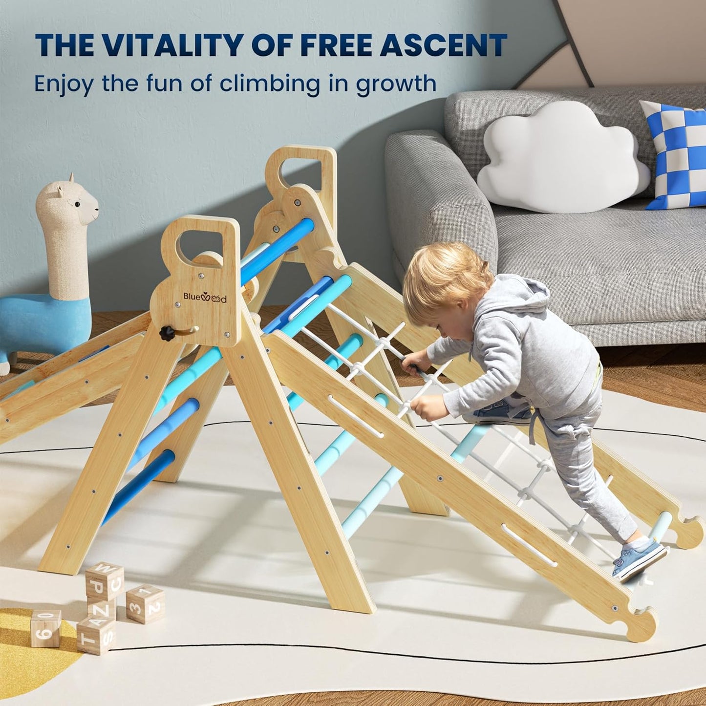 BlueWood 2025 8-in-1 Pikler Triangle Climbing Set Toddler Toys Indoor Baby Jungle Gym Climber Playground for Kids - Sky Blue