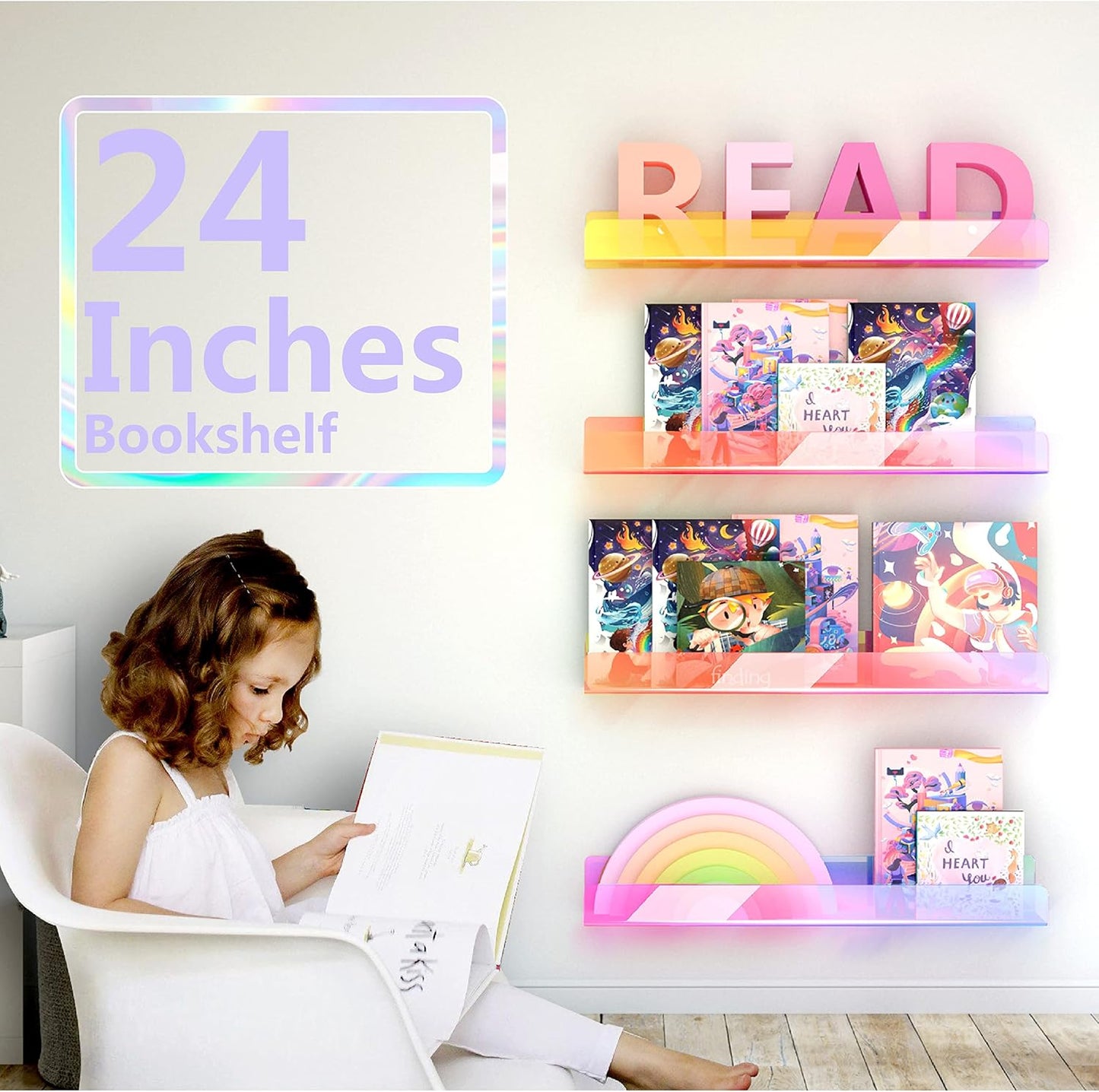 24 inches Iridescent Acrylic Bookshelf, Wall Mounted Display for Kids Room, Nursery, Toddler, Classroom (2 Packs)
