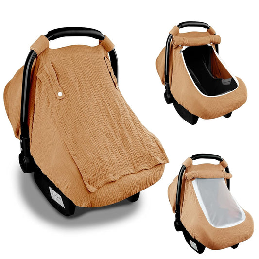 Hooyax Muslin Car Seat Covers for Babies, Summer Baby Car Seat Cover for Boys Girls with Breathable Window, Lightweight Infant Car Seat Canopy, Brown