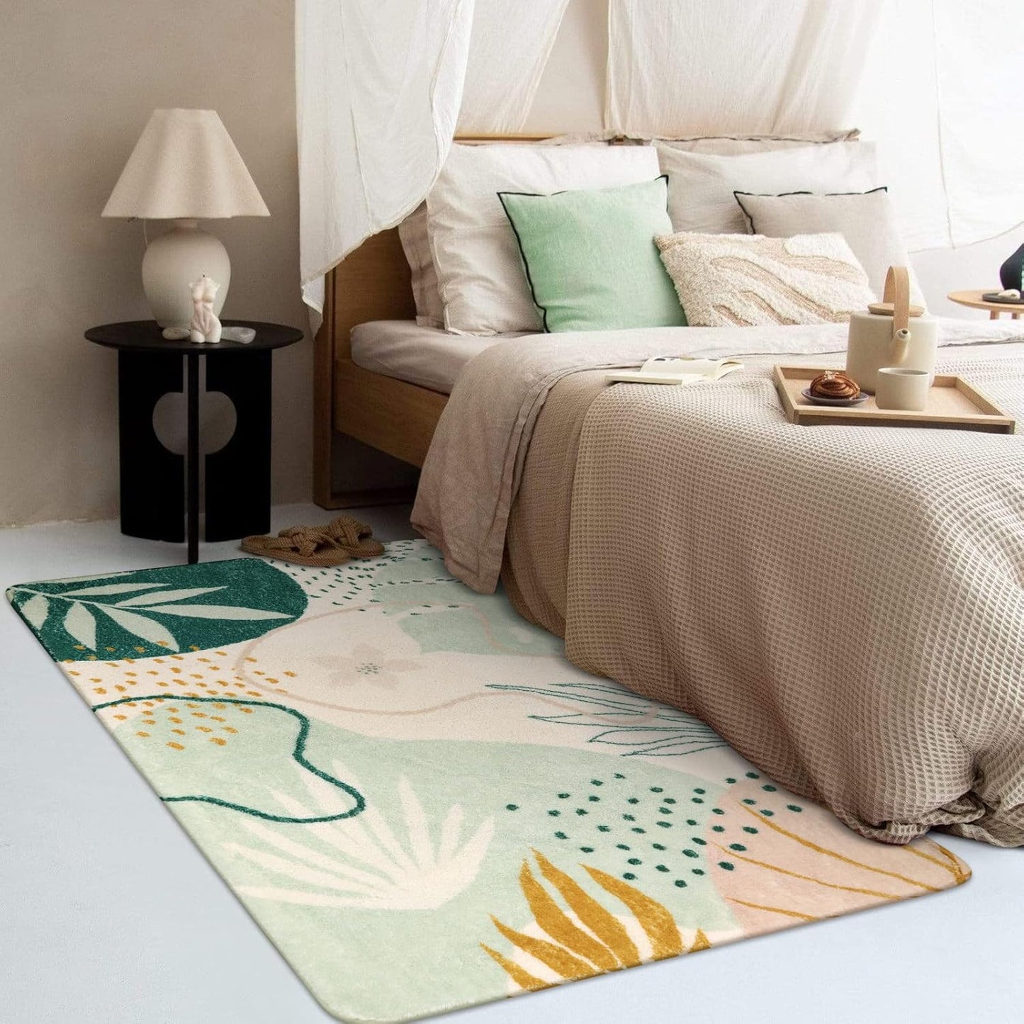 Lahome Green Botanical Print Small Throw Rugs Modern Abstract Non-Slip 3x5 Minimalist Art Area Rug Accent Distressed WashableFloor Carpet for Living Room Bedroom Entryway