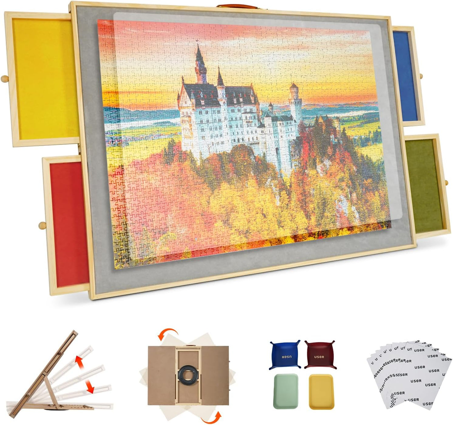 Wooden 2-in-1 Rotating & Tilting Puzzle Board for 1500 Pieces, 26"x36" Jigsaw Puzzle Table with Drawers, Cover & Lazy Susan, 60° Ergonomic Non-Slip Surface, Portable Board with 4 Sorting Trays