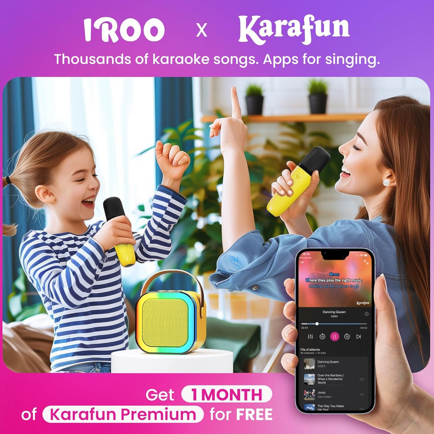 IROO Mini Karaoke Machine for Kids, 2025 TOP Toys Birthday Gifts Ideas for Girls Ages 4, 5, 6, 7, 8, 9, 10, 12+ Years Old, Portable MP3 Player with 2 Wireless Mics for Party