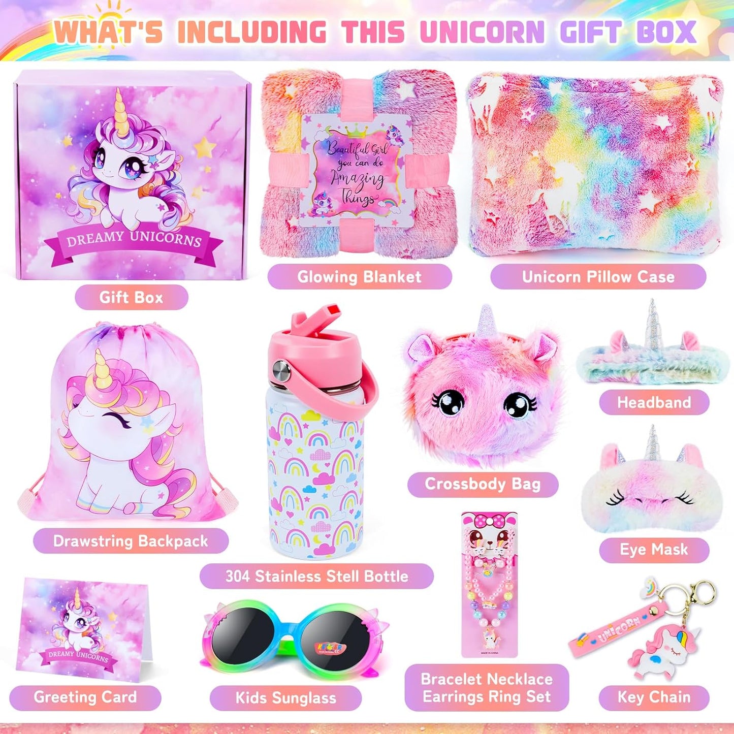 Unicorn Toys for Girls, Kids Gifts with Glowing Blanket, Water Bottle, Eye Mask, Headband, Crossbody Bag, Sunglasses - 12PCS Birthday Gift Toys for Girls 6-10+