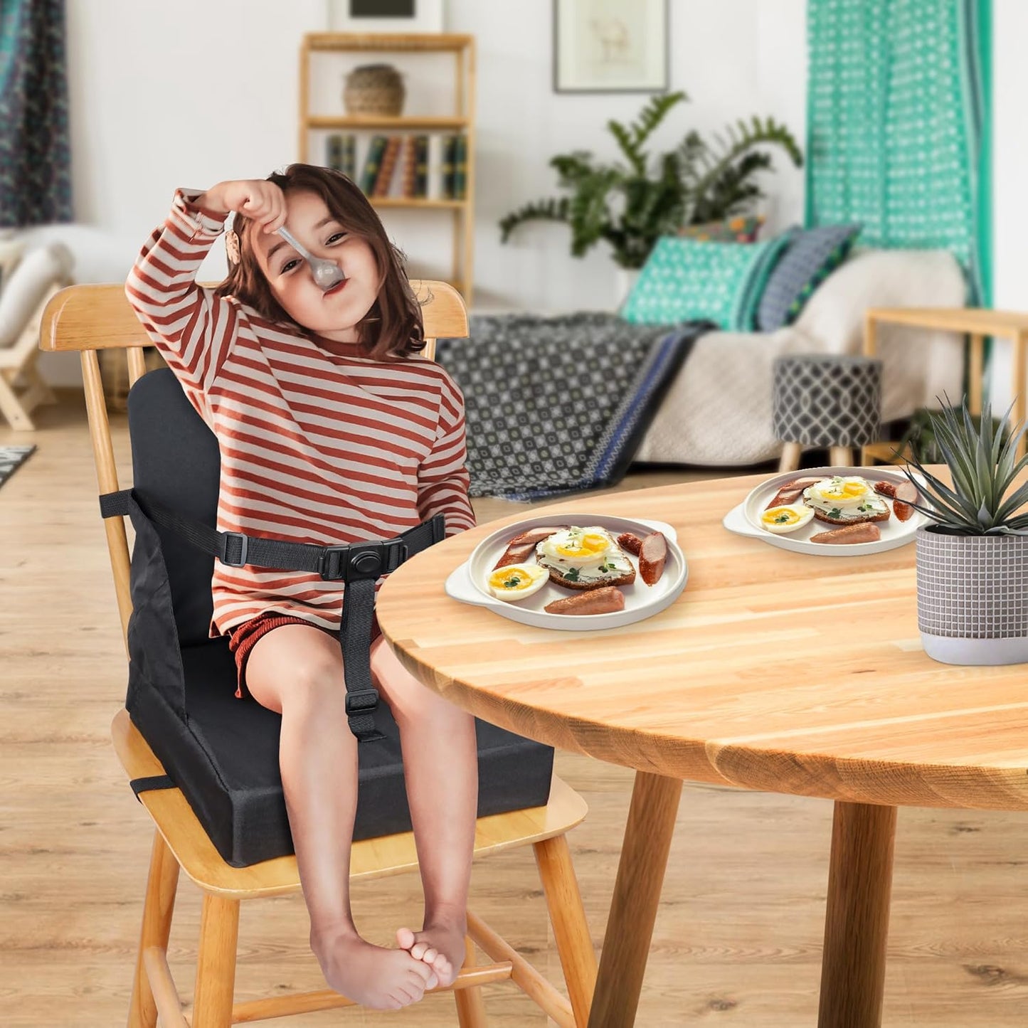 Toddler Booster Seat for Dining Table, Booster Seat for Table, 12.6x3.34 Inch Portable High Chair for Travel, HOSEASCA Compact Lightweight Travel Booster Seat with Adjustable Straps for Baby(Black)
