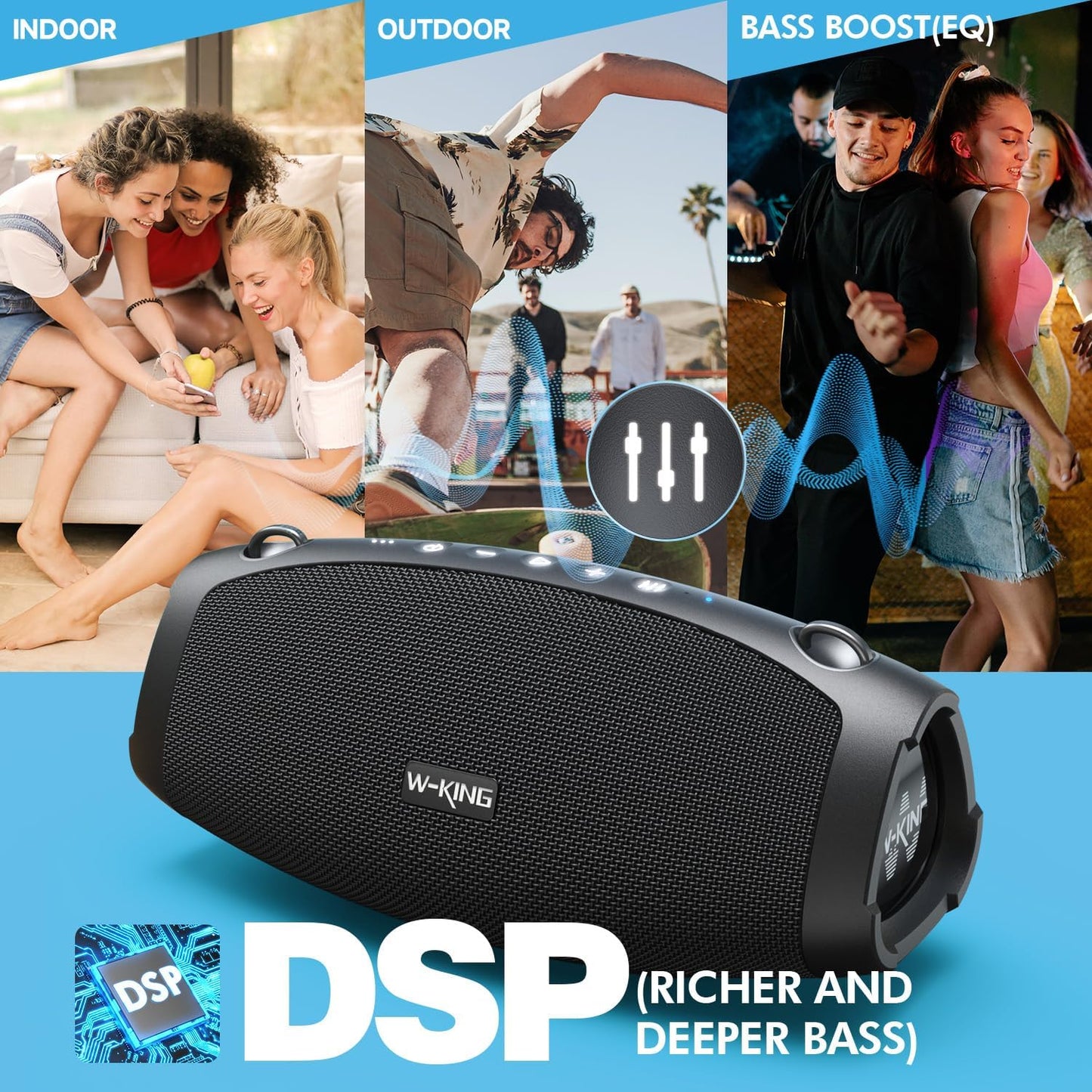 W-KING Portable Speakers Bluetooth Wireless, 120W MAX IPX6 Waterproof Loud Bluetooth Speaker Boombox, Triple Passive Radiator/Subwoofer*2-70W Deep Bass/DSP/42H/PowerBank/EQ/Party Large Outdoor Speaker