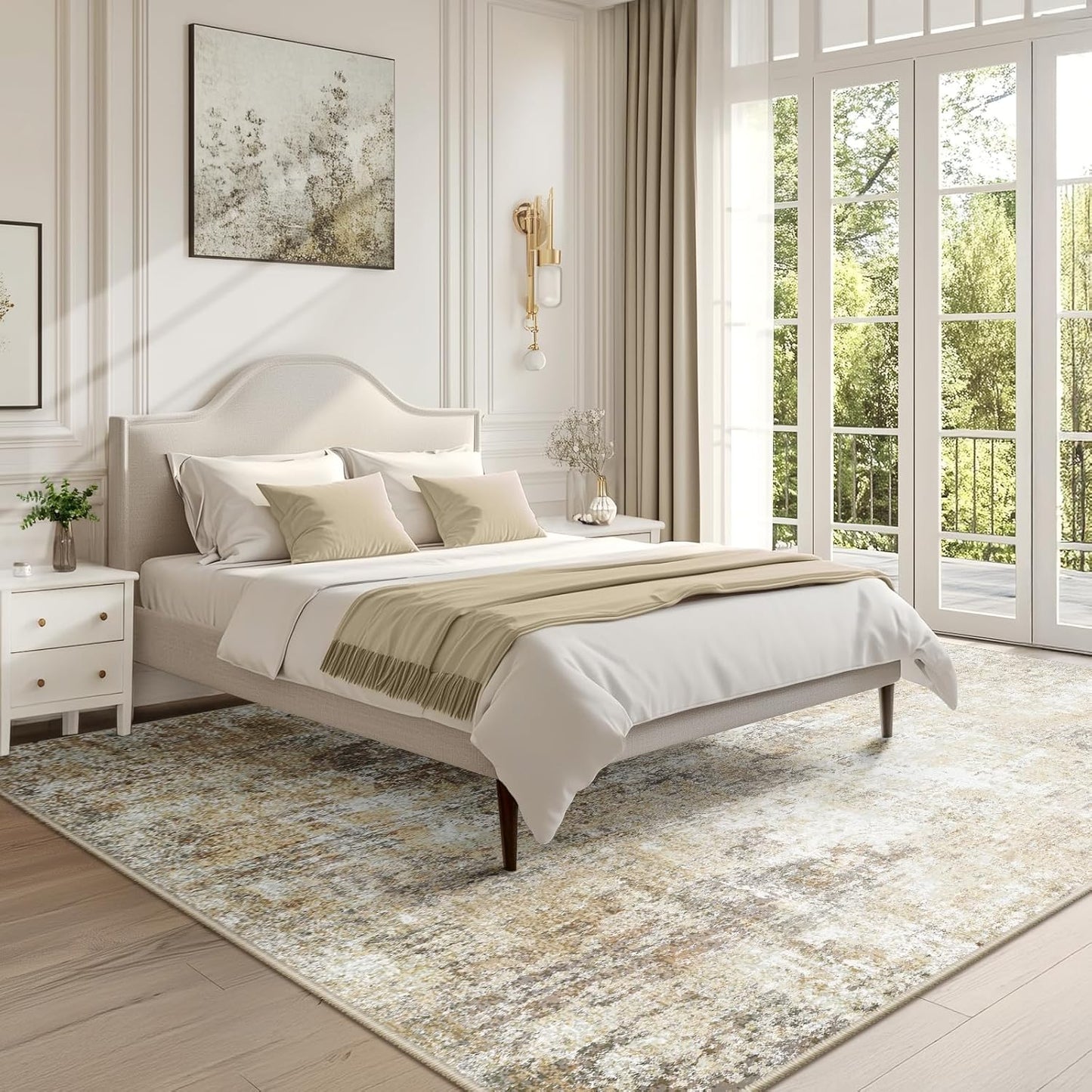 Washable Area Rugs 9'x12' Non-Slip Modern Abstract Soft for Living Room Entryway Bedroom Nursery, Print Pattern, Neutral Brown Gray