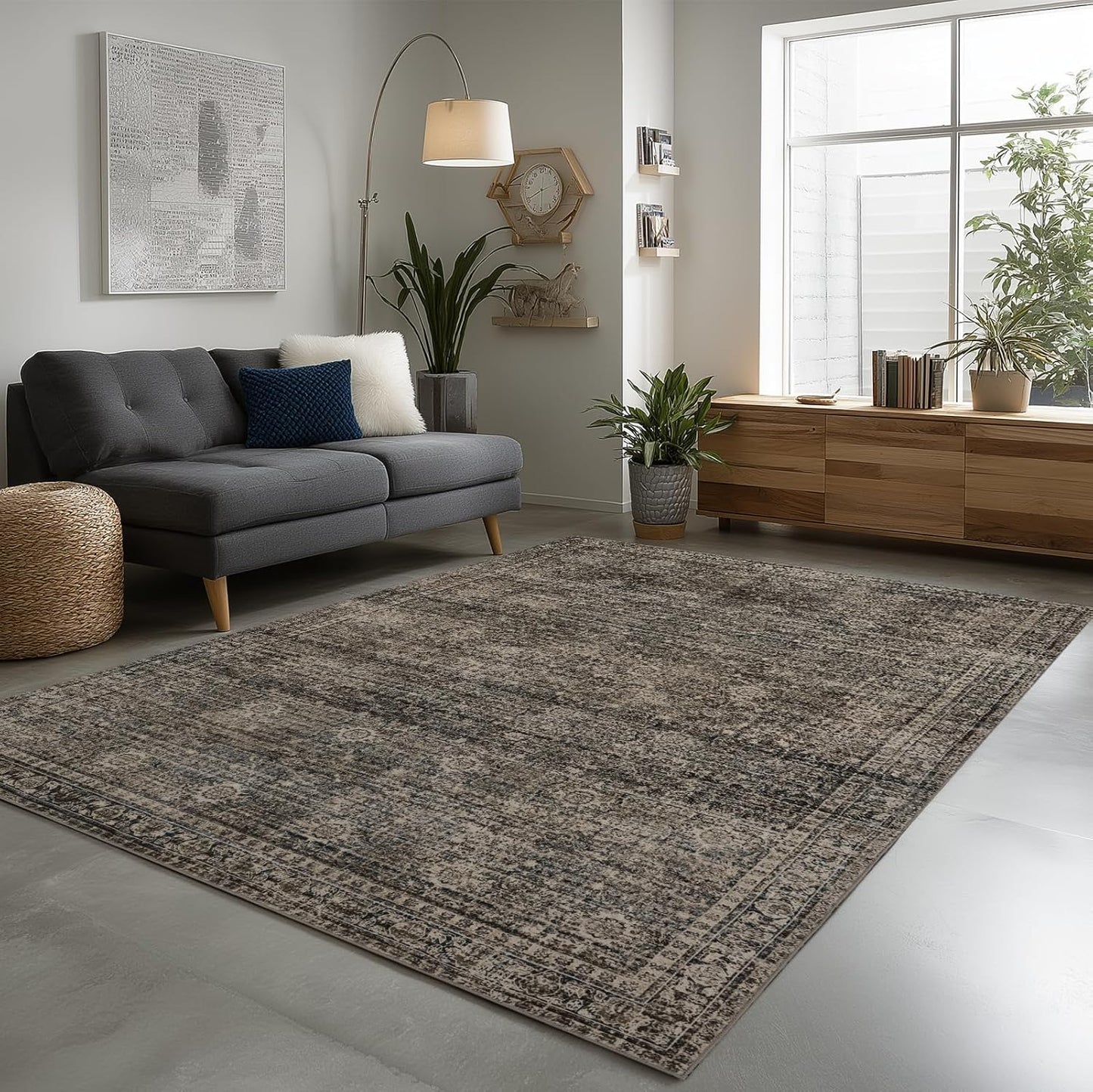 9x12 Area Rug Living Room Rugs, Stain Resistant Washable Rug, Vintage Large Non-Slip Backing, Low Pile Lightweight Print Rug for Bedroom Dinning Room Home Office (Brown)