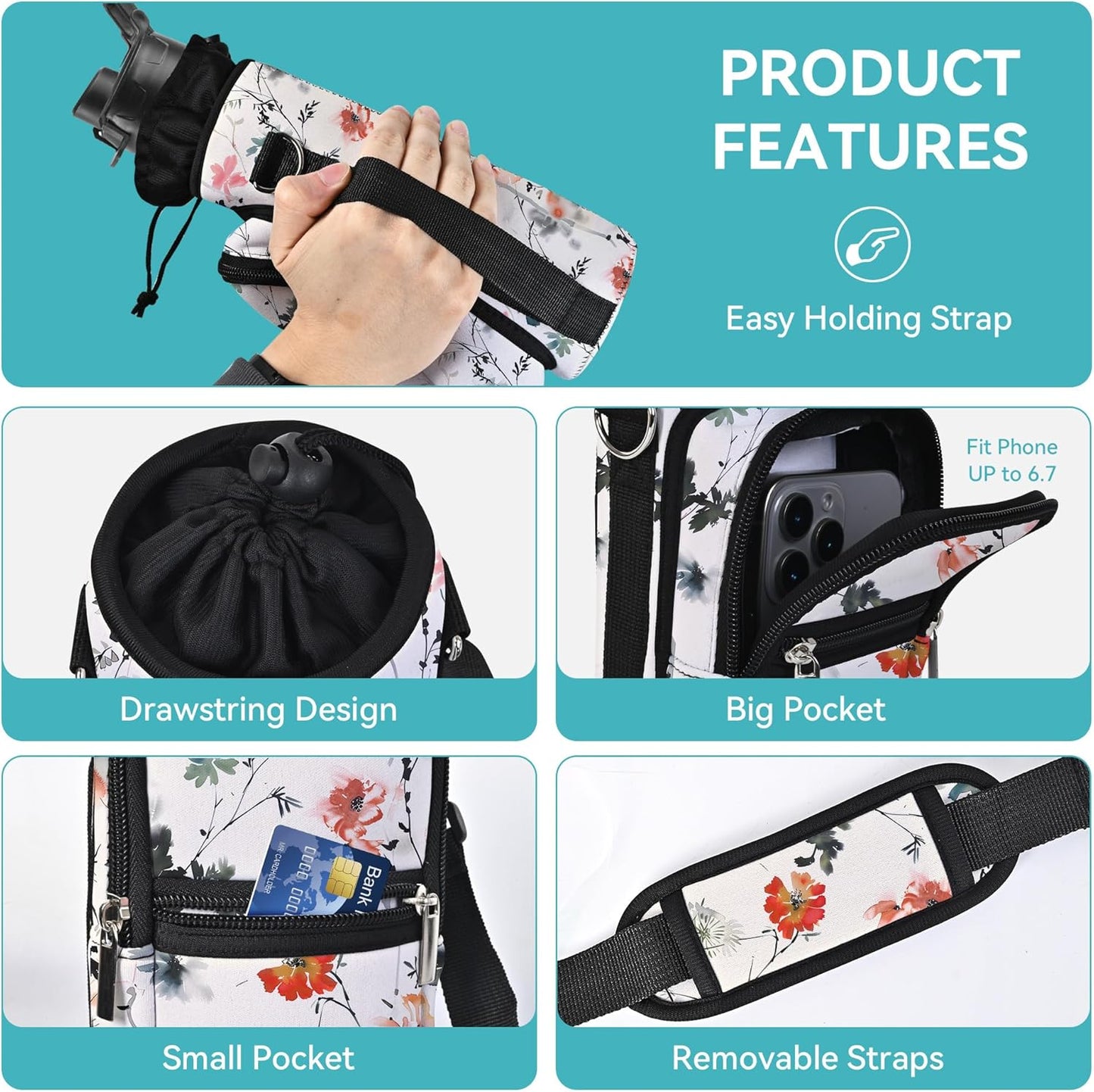 icolor Water Bottle Carrier Bag with Strap 25/32/40 oz Crossbody Bottle Holder with Phone Pocket Sling Sleeve Insulated Neoprene Water Bottle Pouch for Walking Travelling