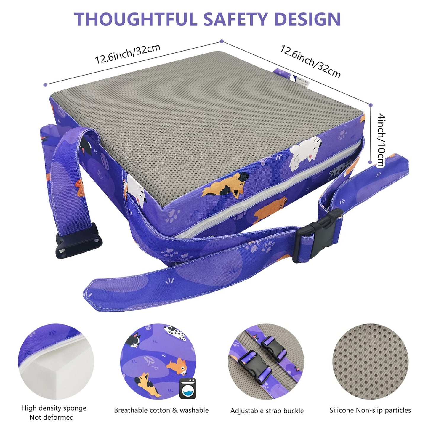 Toddler Booster Seat for Dining Table,4 Inches Washable Double Safer Straps Non-Slip Bottom Booster Seat Dining for Kids, Portable Travel High Density Sponge Detachable Increasing Cushion for Child.
