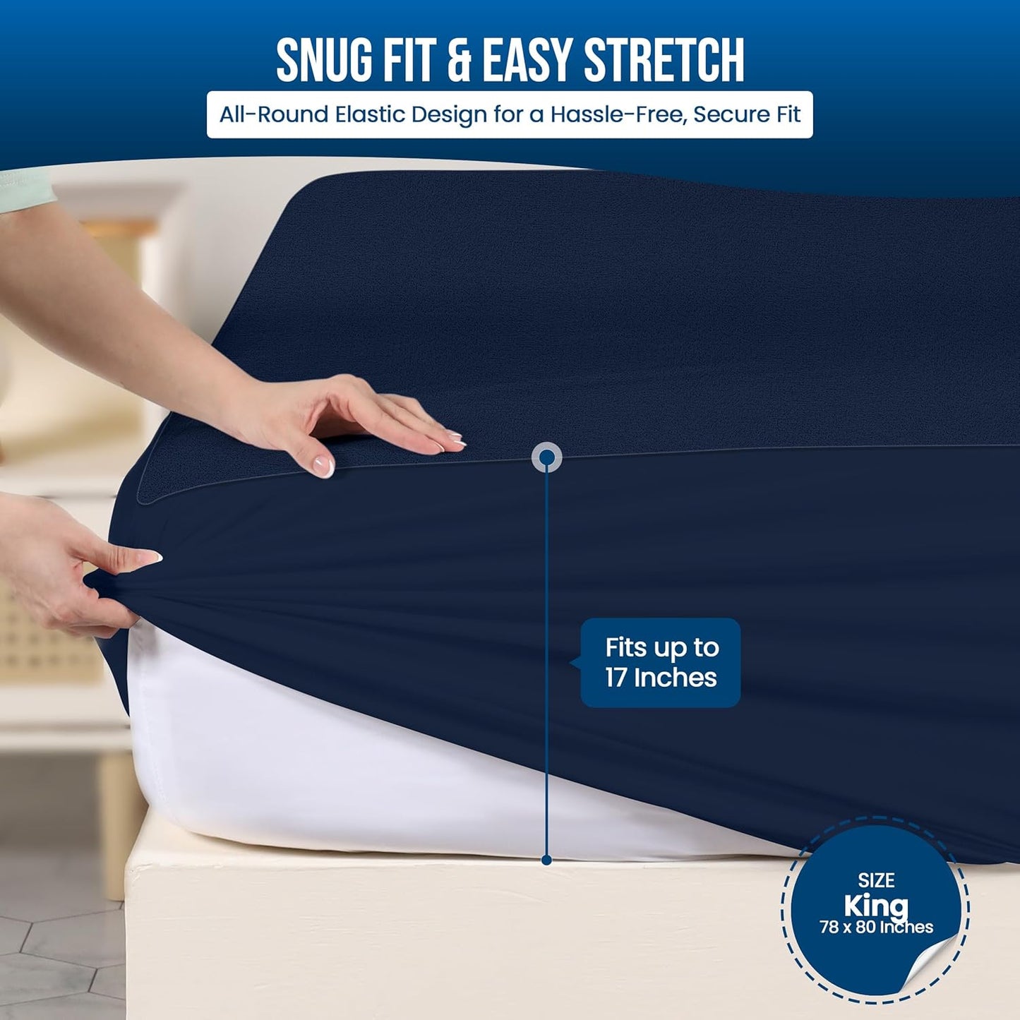 Utopia Bedding Waterproof Mattress Protector King Size, Premium Terry Mattress Cover 200 GSM, Breathable, Fitted Style with Stretchable Pockets (Navy Blue)