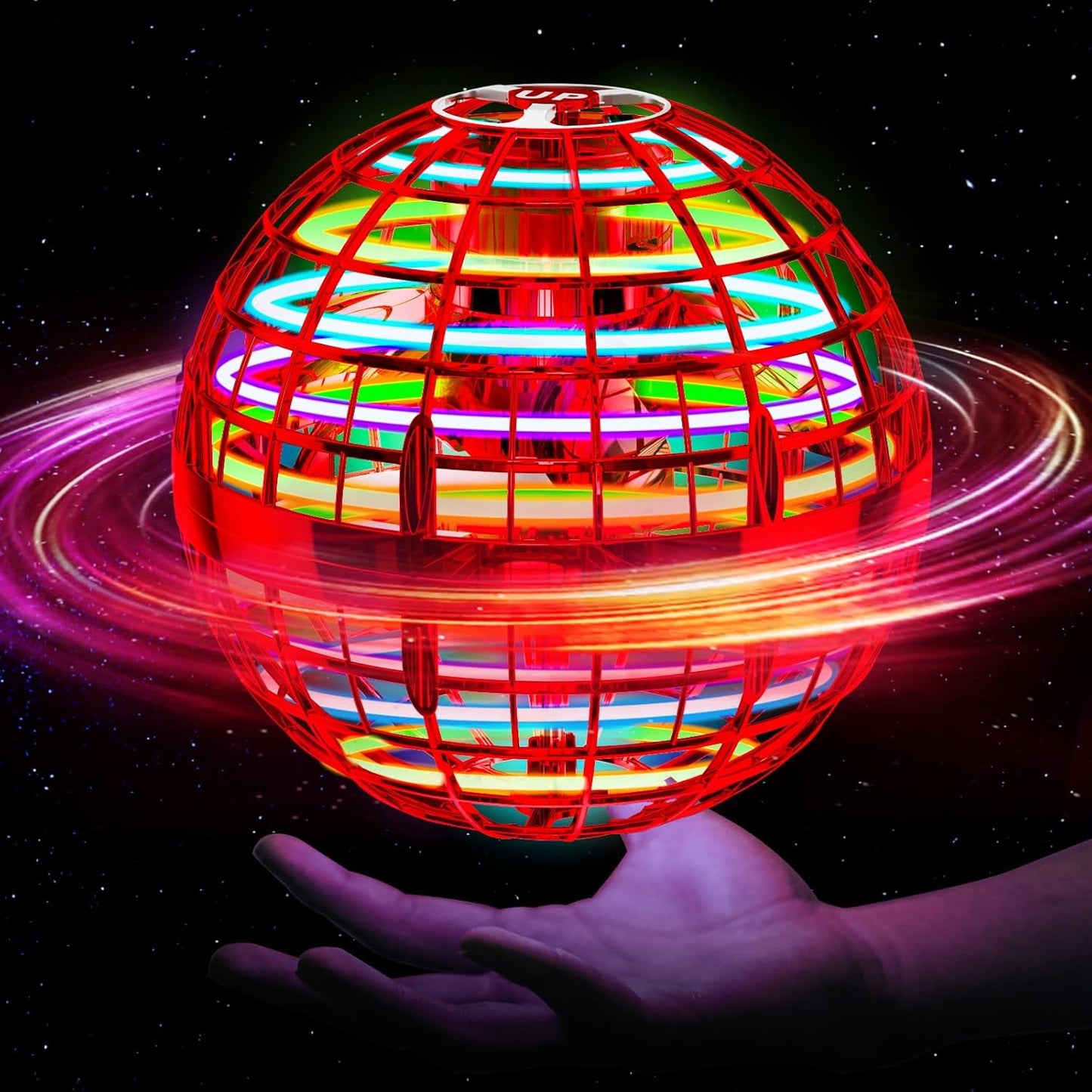 Flying Orb Ball (Red, 2025 Upgraded) with Dazzling Lights, Magic Hover Spinner, Cool Boomerang Drone, Floating Cosmic Globe, Kids Outdoor Toys, for 6 7 8 9 10 Year Old Boys Girls