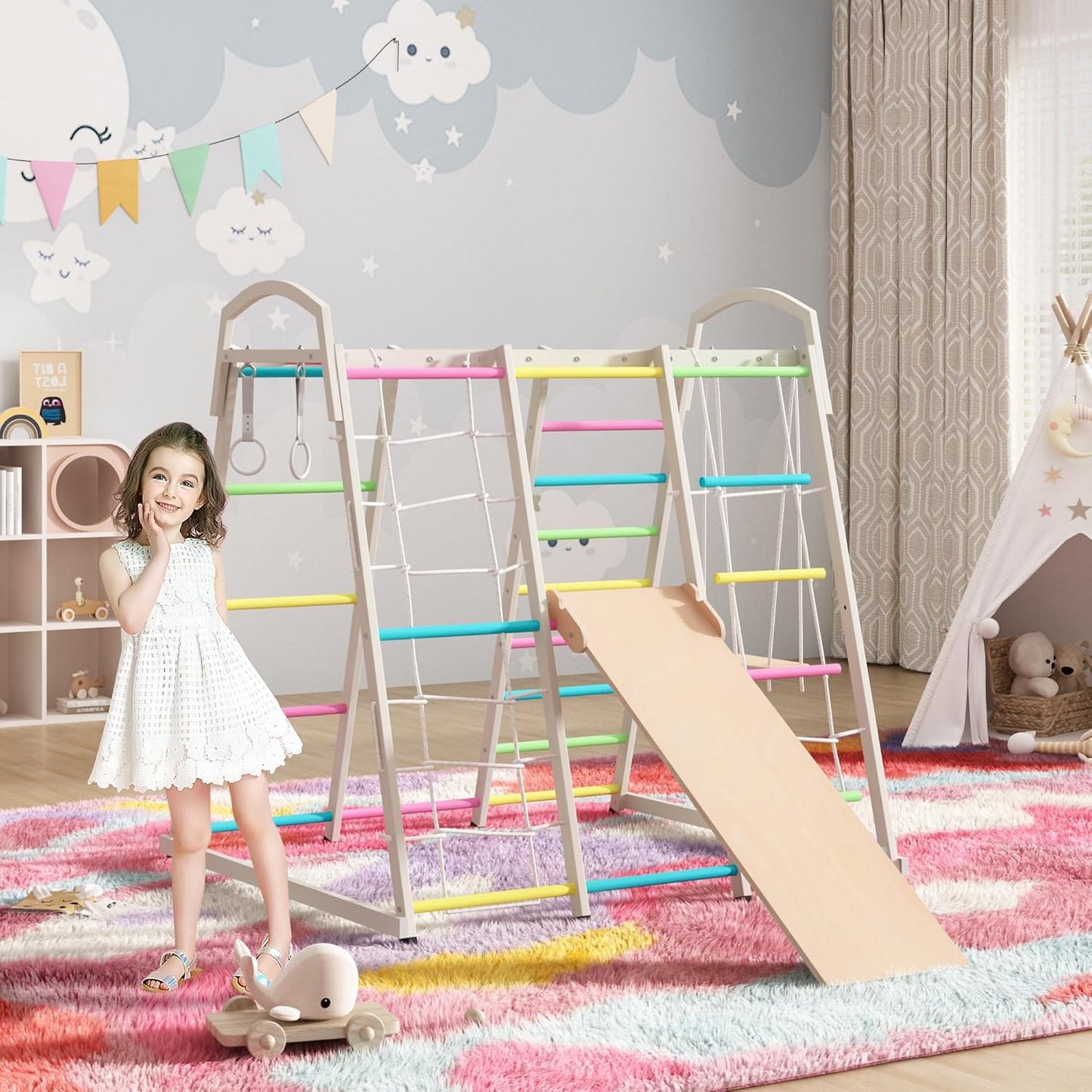 JAXPETY 9-in-1 Indoor Playground, Indoor Jungle Gym for Kids, Toddler Montessori Climbing Gym, Inside Play Gym with Slide, Swing, Monkey Bar, Ladder, Rings