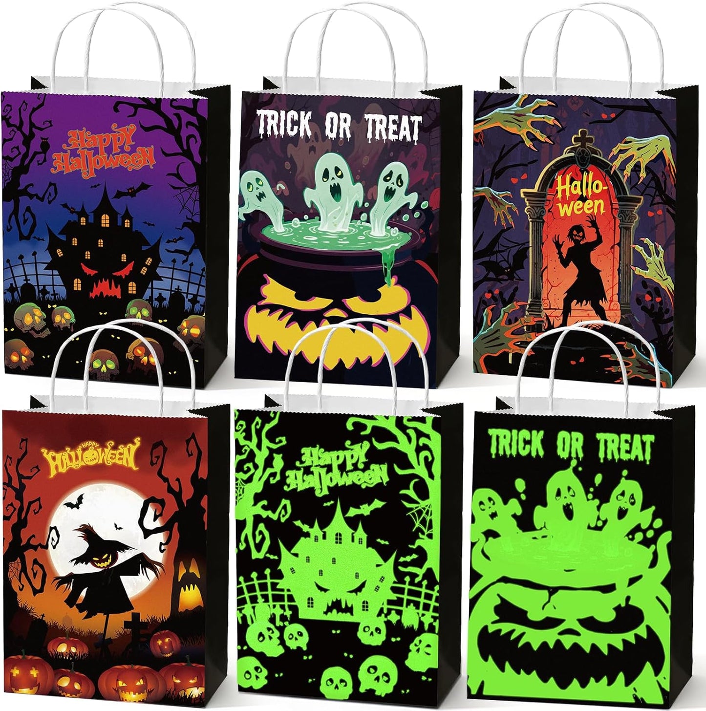 Winrayk Glow Halloween Trick or Treat Tote Paper Bags, Self-designed Party Favor Goodie Candy Gift Bags Bulk (4 Styles, 24 Pack), Neon Glow in the Dark Kids Halloween Party Favors Birthday Supplies