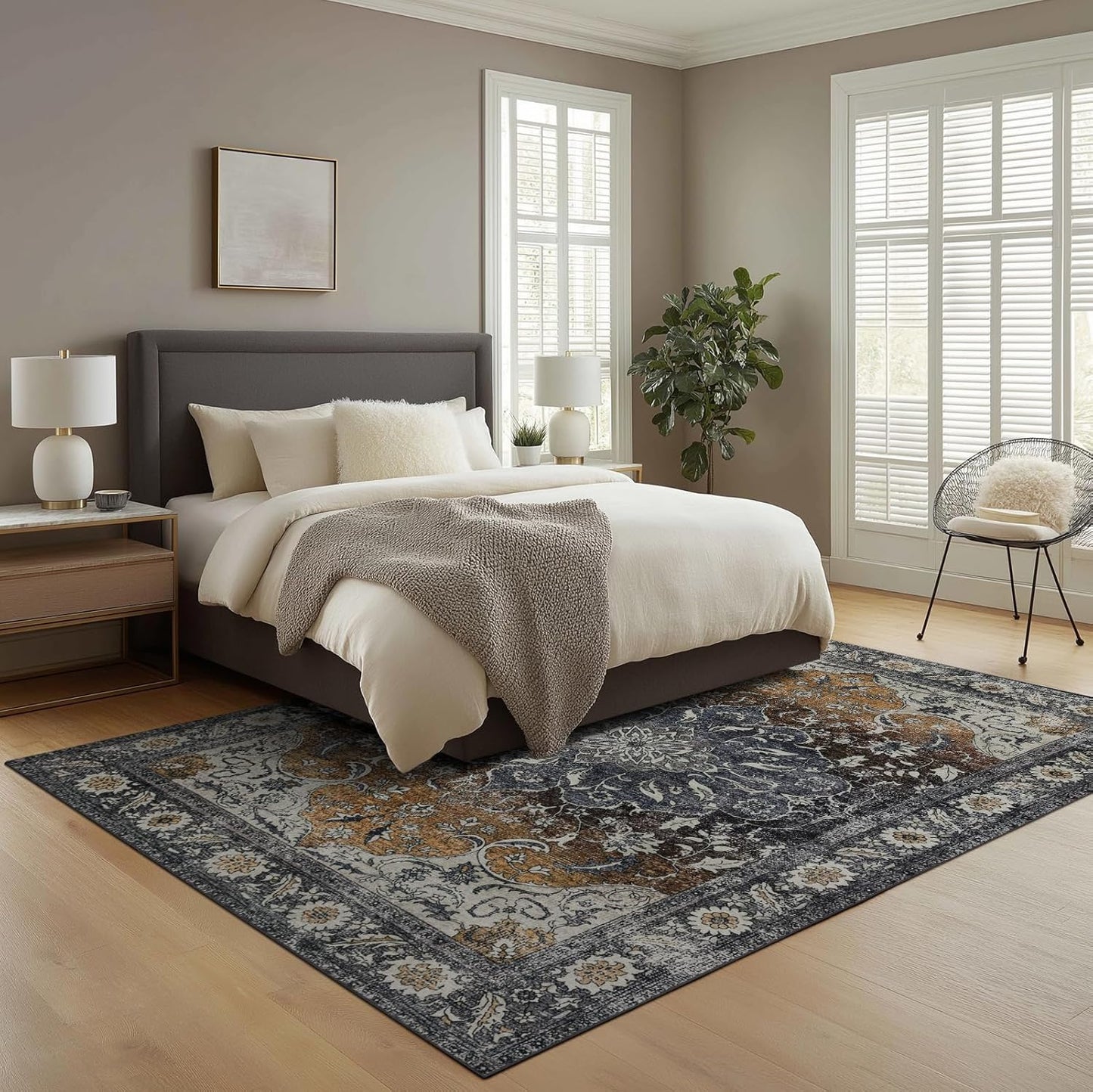 9x12 Area Rug Living Room Rugs, Stain Resistant Washable Rug, Vintage Large Non-Slip Backing, Low Pile Lightweight Print Rug for Bedroom Dinning Room Home Office (Tan/Gray)