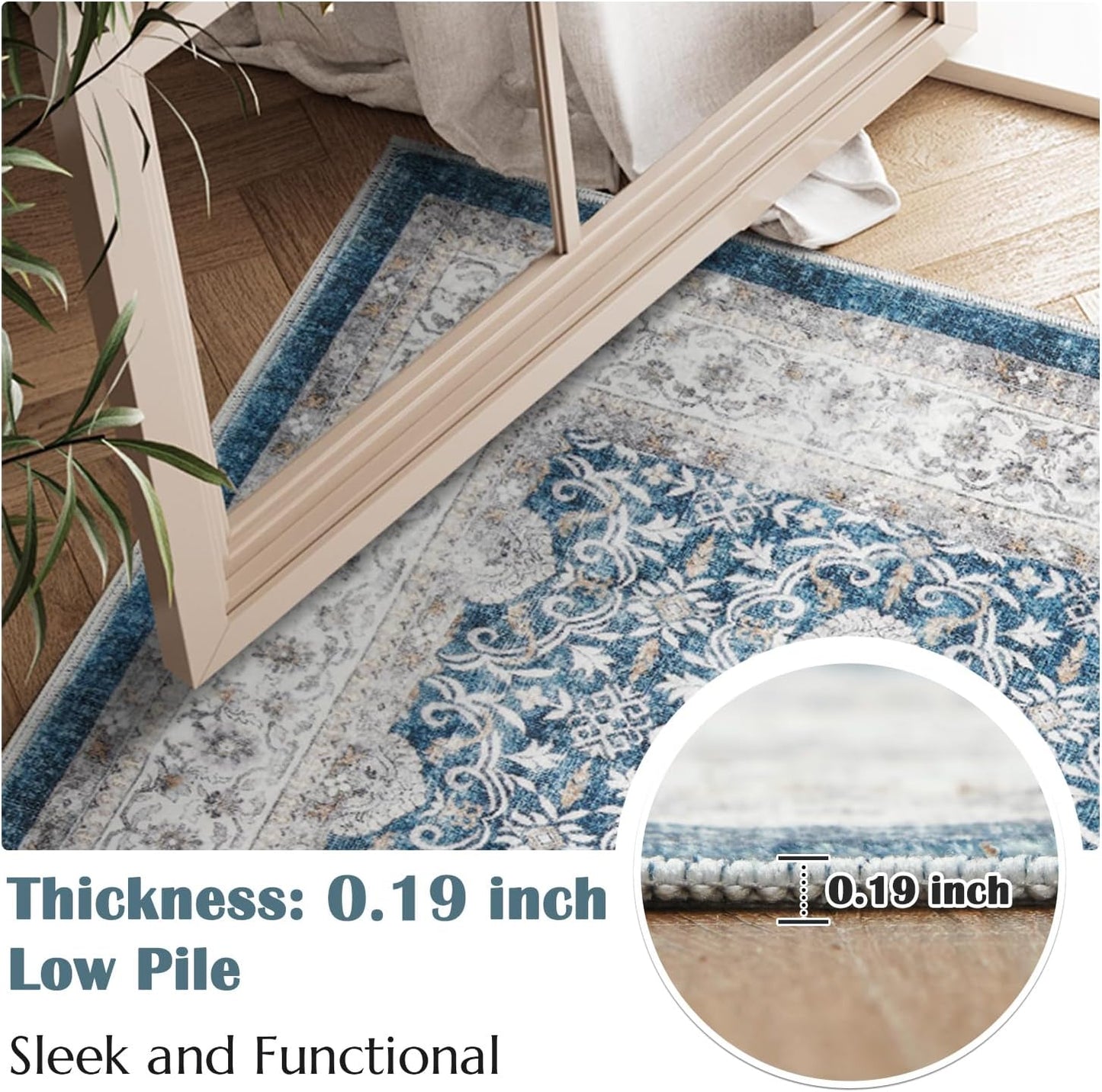 jinchan Floral 2x3 Rugs for Entryway - Machine Washable Dark Blue Vintage Distressed Boho Design Soft Faux Wool Small Non-Slip Doormat for Entrance Kitchen Living Room Bedroom (2‘x3',Dark Blue)