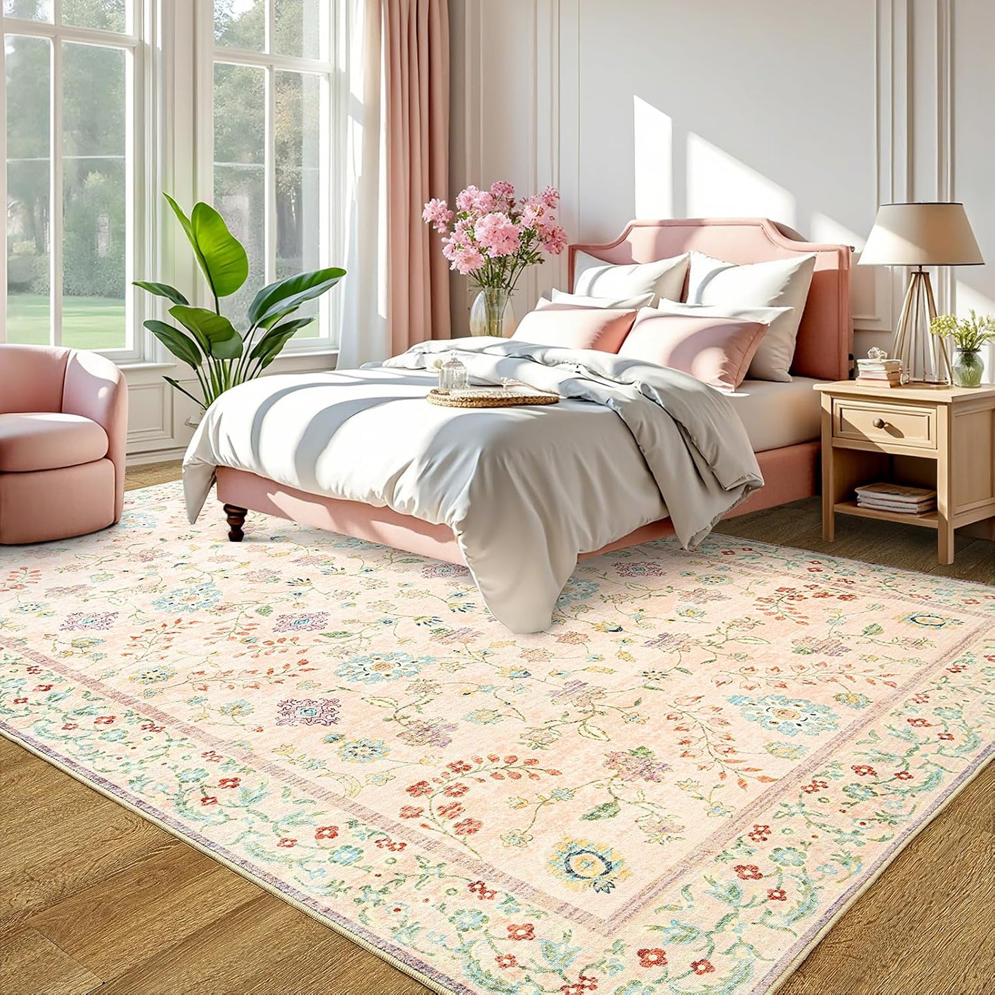 LOCHAS Washable Area Rugs 4x6, Pink Floral Rug for Living Room Bedroom Non Slip, Ultra Soft Vintage Indoor Carpet for Kids, Nursery, Dorm, Dining Room, Classroom, Boho Flower Home Decor, Low-Pile