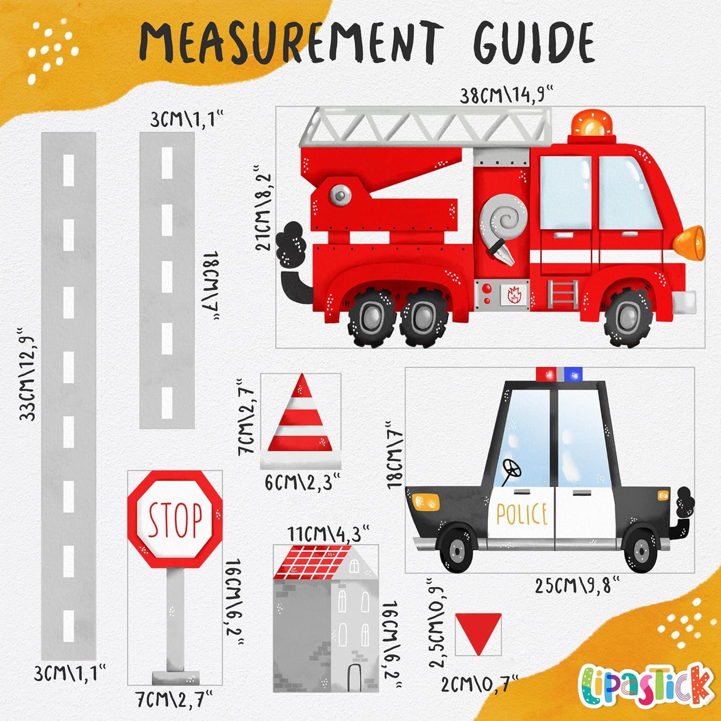 Car Wall Decals by Lipastick - Peel and Stick Transport Road Trucks Stickers for Boys Room, Toddler Bedroom, Baby Nursery, Kids Playroom, Living Room- Removable Decor - L Size