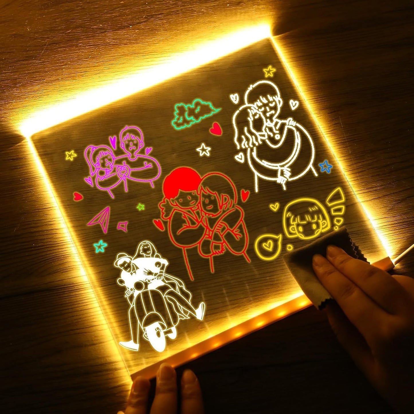 LED Note Board with 12 Colors Markers, 8x8 Inch Light up Acrylic Dry Erase Board Glow Drawing Writing Board with Stand Led Message Memo Board for Office School Home Bedroom Kitchen