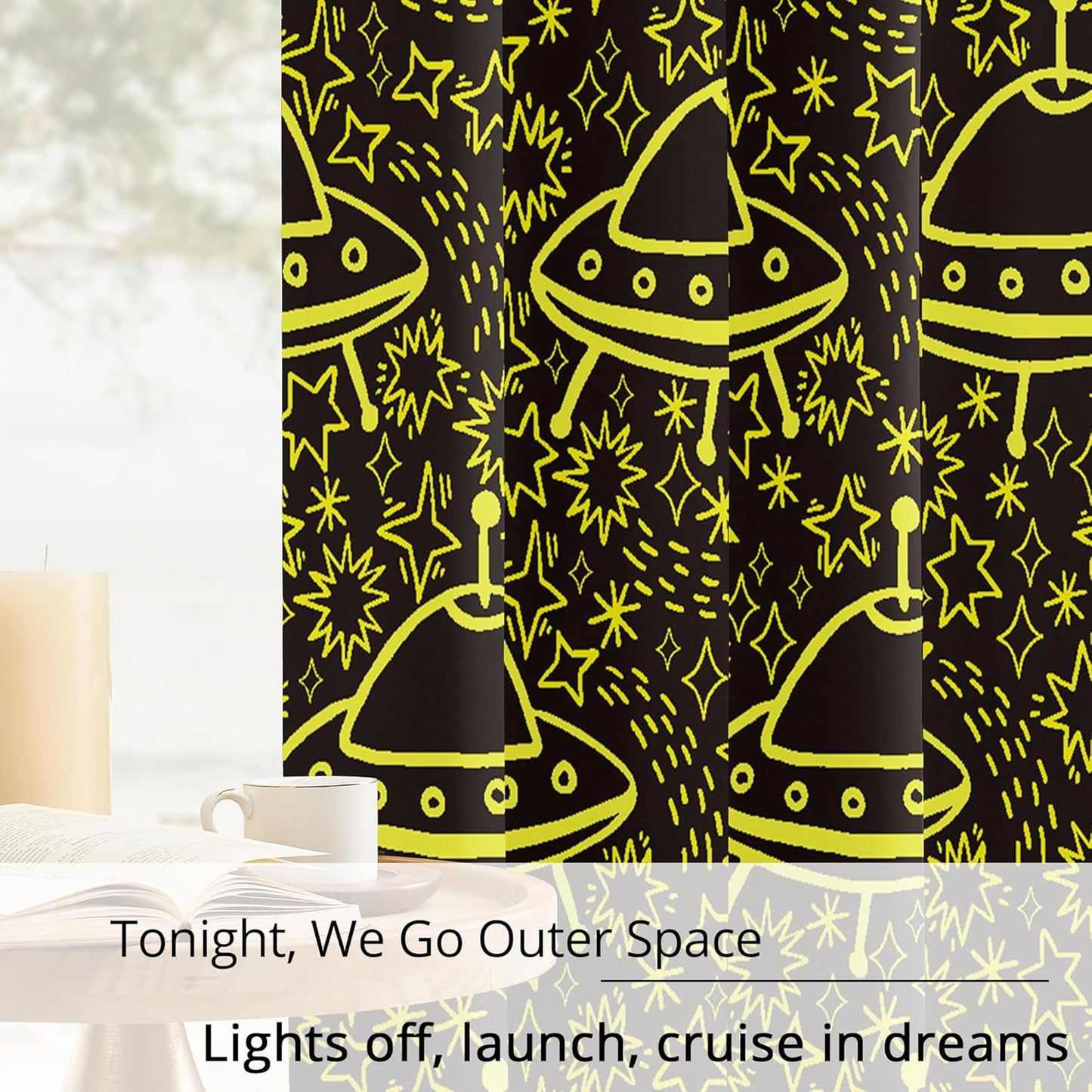 Kids UFO Blackout Curtains - 100% Blackout, Thermal Insulated, Noise Reducing, Perfect for Kids Room and Nursery, 2 Panels (Neon UFO Night, W52×L63)