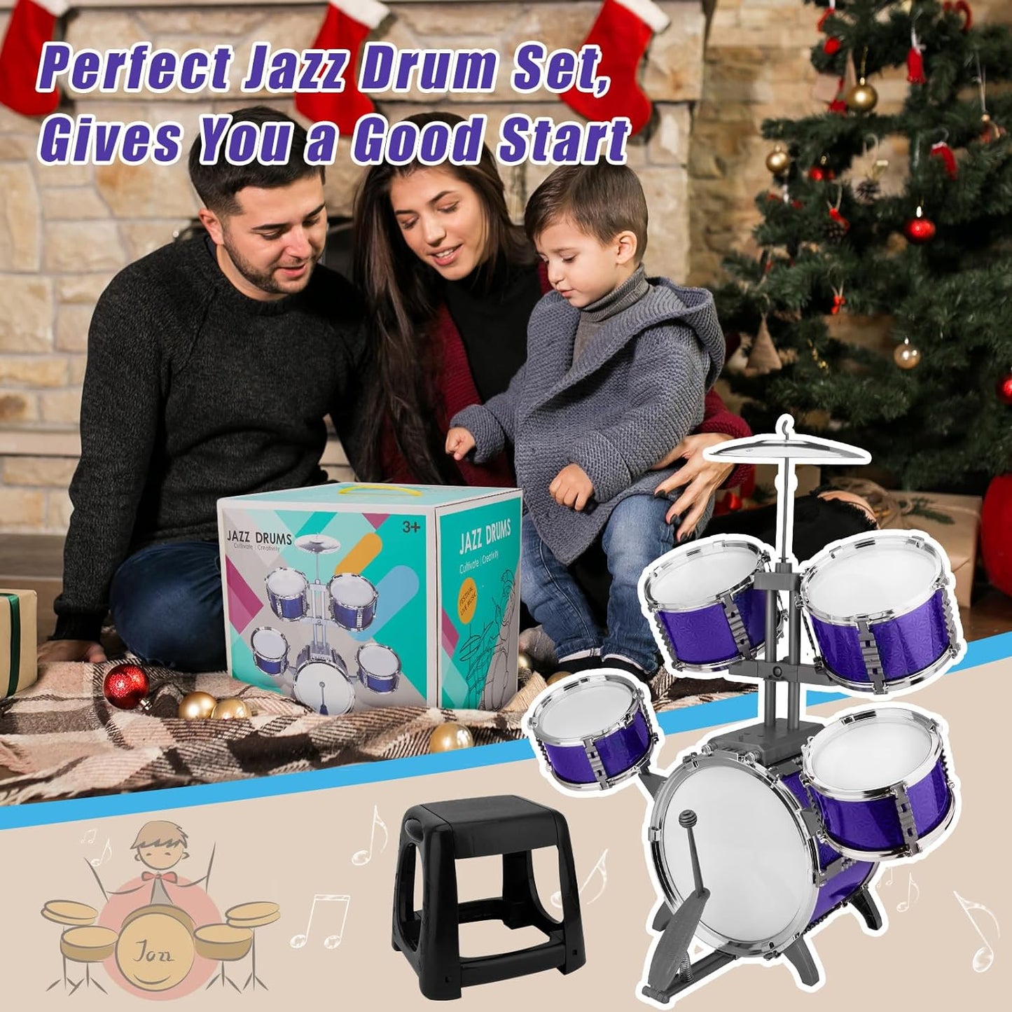 Kids Jazz Drum Set Rock Kit Toys for 3-7 Year Olds - 5 Piece Toddler Band Musical Instrument Educational Percussion Birthday Playset