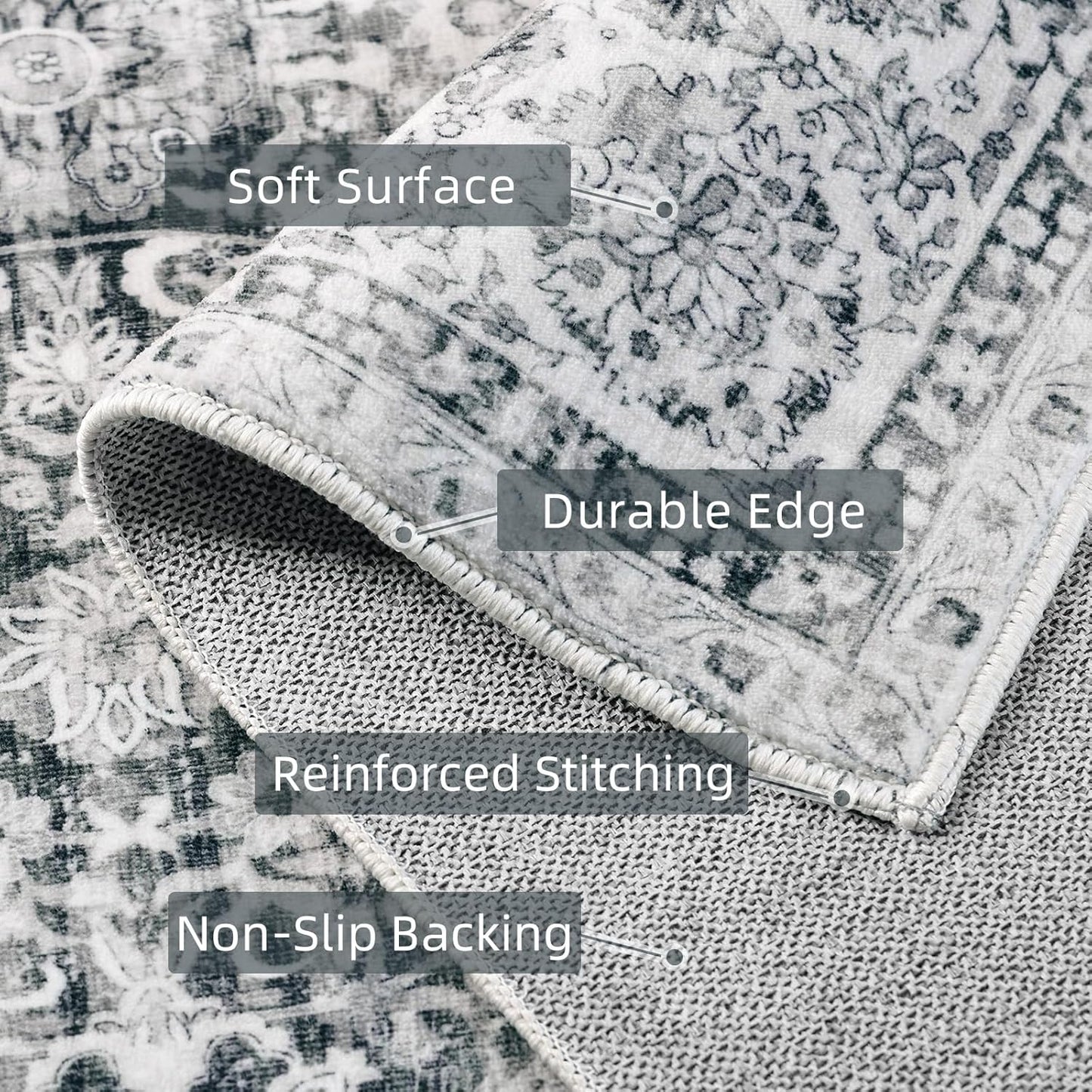 Deerly Rug Runner 2x6 Ft Washable Carpet Runner Runner Non-Slip Grey Runner Rugs with Rubber Backing Low-Pile Ultra-Soft Distressed Rug for Kitchen Bedroom(Grey)