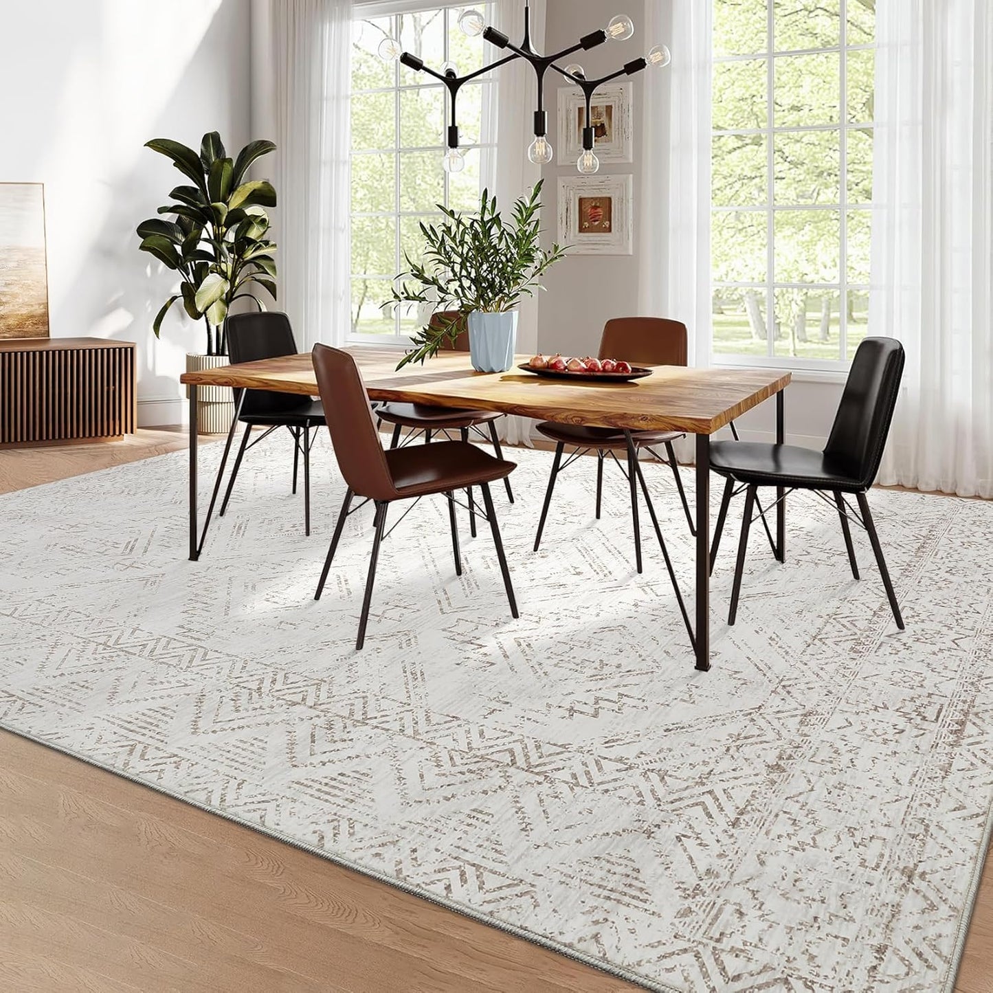 COZYLOOM 10x13 Area Rug Living Room Washable Rugs Stain Resistant for Bedroom Soft Floor Carpet Non Slip Distressed Geometric Carpet for Dining Room Laundry Room Office, Ivory