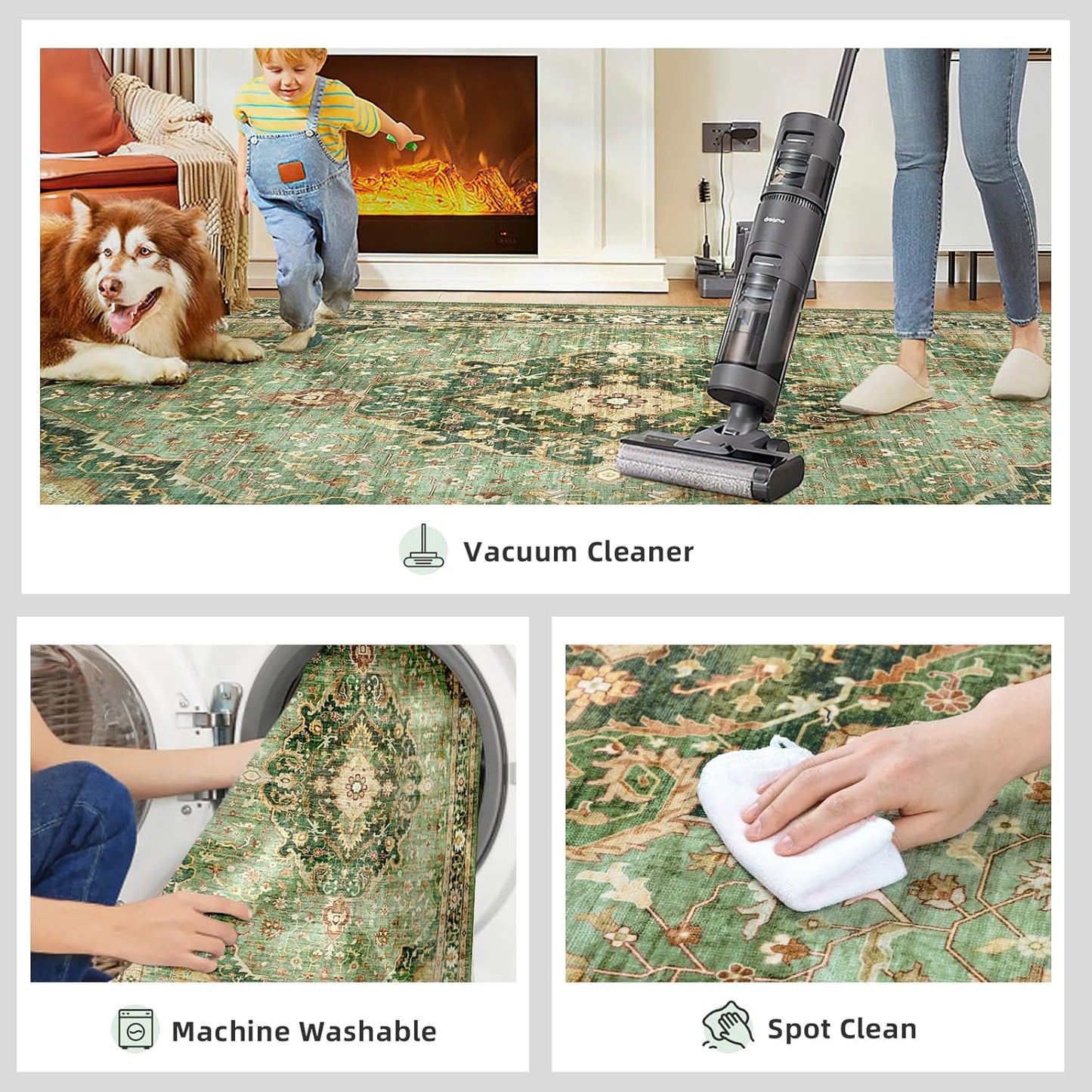 Green Boho Washable 3x12 Extra Long Runner Rug for Hallway, Waterproof Large Kitchen Floor Rug, Non-Slip Stain & Fade Resistant, Vintage Floral Decor