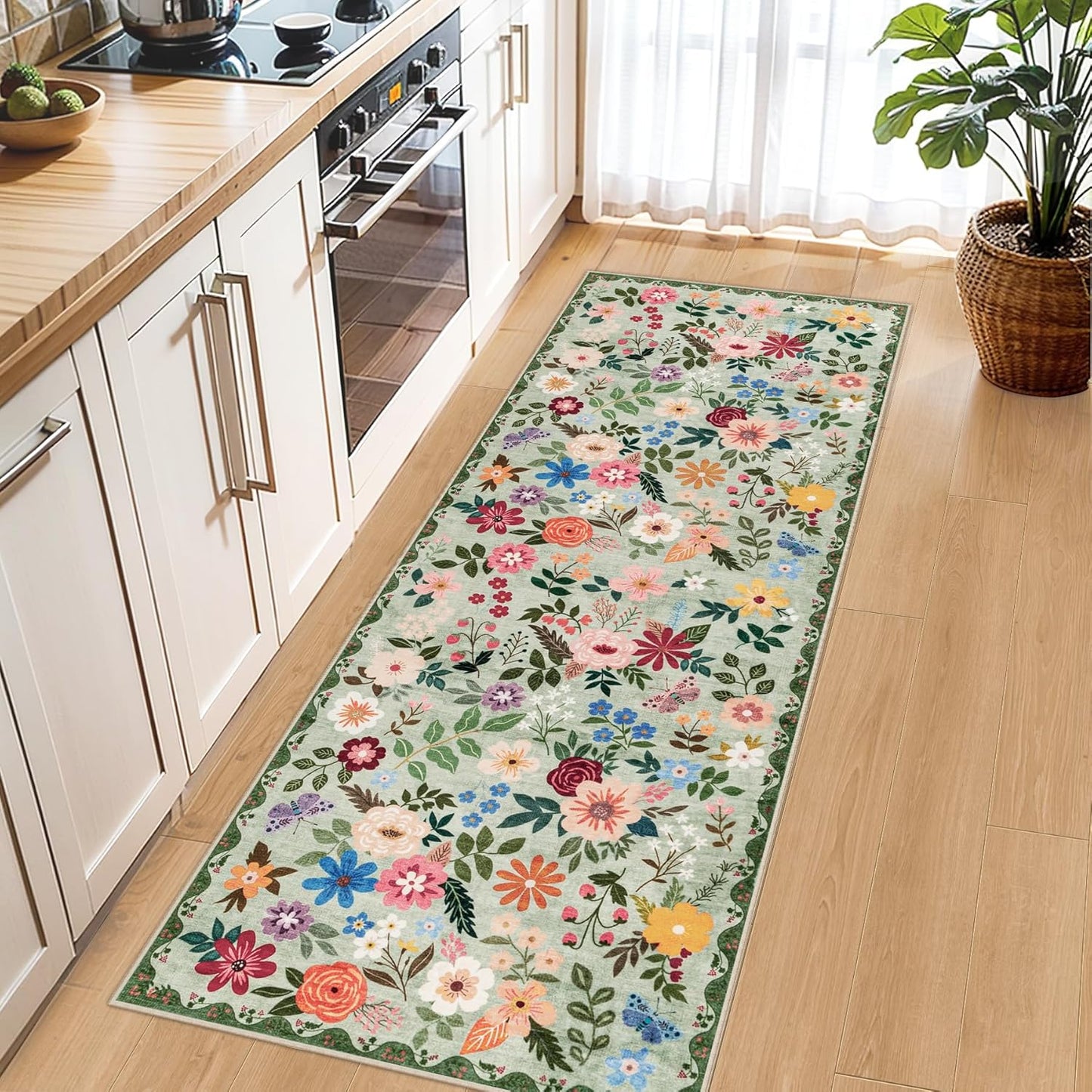 Runner Rug for Entryway: 2x6 Kitchen Rugs Non Slip Washable Ultra-Thin Soft Floral Carpet Indoor Floor Stain Resistant Carpets for Hallway Bedroom Kitchen Laundry Bathroom Dorm Green