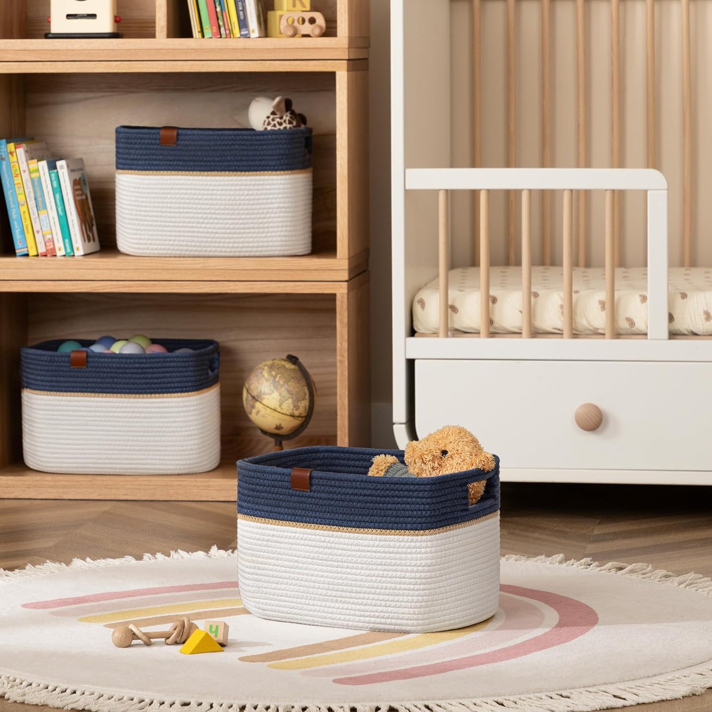 UBBCARE 2 Pack Baskets for Organizing, Woven Storage Baskets with Label for Toys and Towel, Rectangle Cotton Rope Basket with Handles, 15''L x10''W x9''H, Navy Blue&White