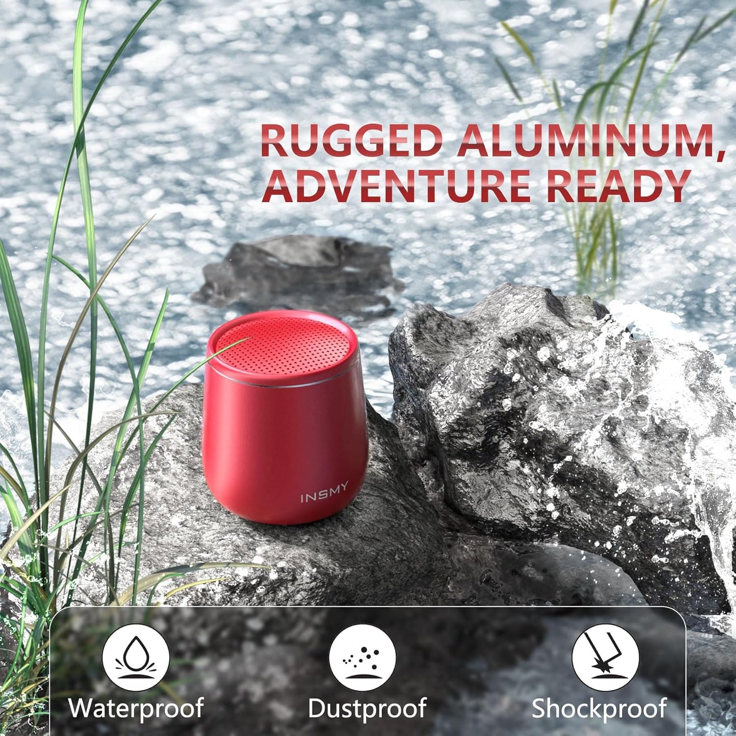 INSMY Small Bluetooth Speaker, Waterproof Mini Portable Wireless Speaker, Punchy Bass Rich Audio Stereo Pairing, Handheld Pocket Size, Built in Mic for Hiking Biking Gift Laptop Tablet (Red)