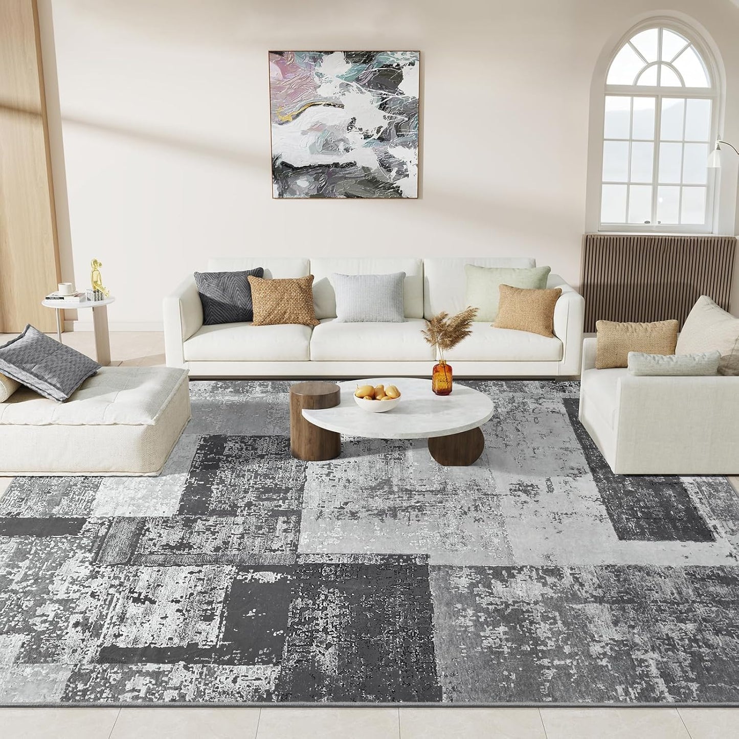 LOCHAS Rug for Living Room, Washable Soft Area Rugs for Bedroom 9x12, Abstract Carpet for Indoor Office Kids Dining Room Nursery Floor, Grey Geometric Vintage Home Decor, Non Slip, Pet Child Friendly