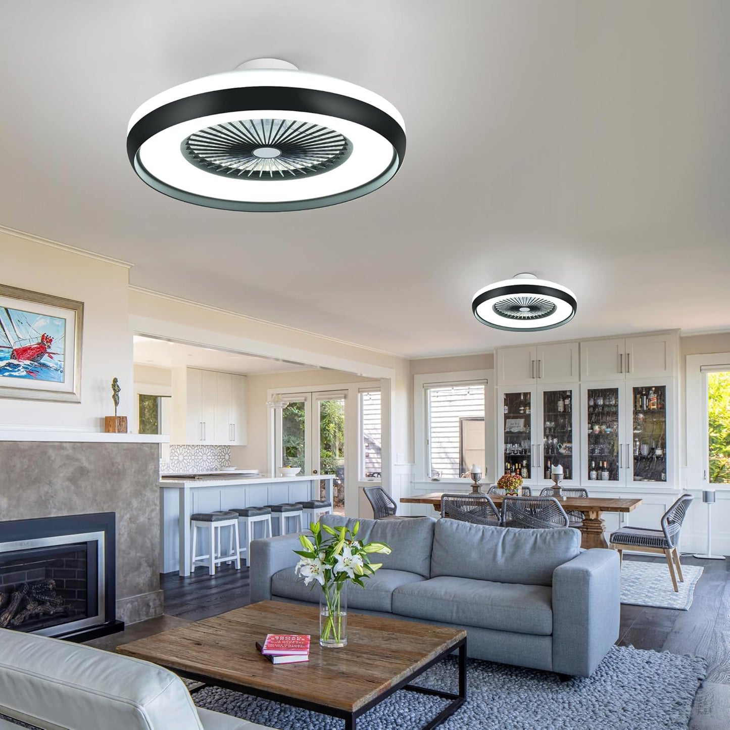 24" Bladeless Ceiling Fan with RGB Light Remote, Smart LED Ceiling Fans with Voice/App Control, Modern Low Profile Dimmable Light Ceiling Fan for Bedroom Living Room Black
