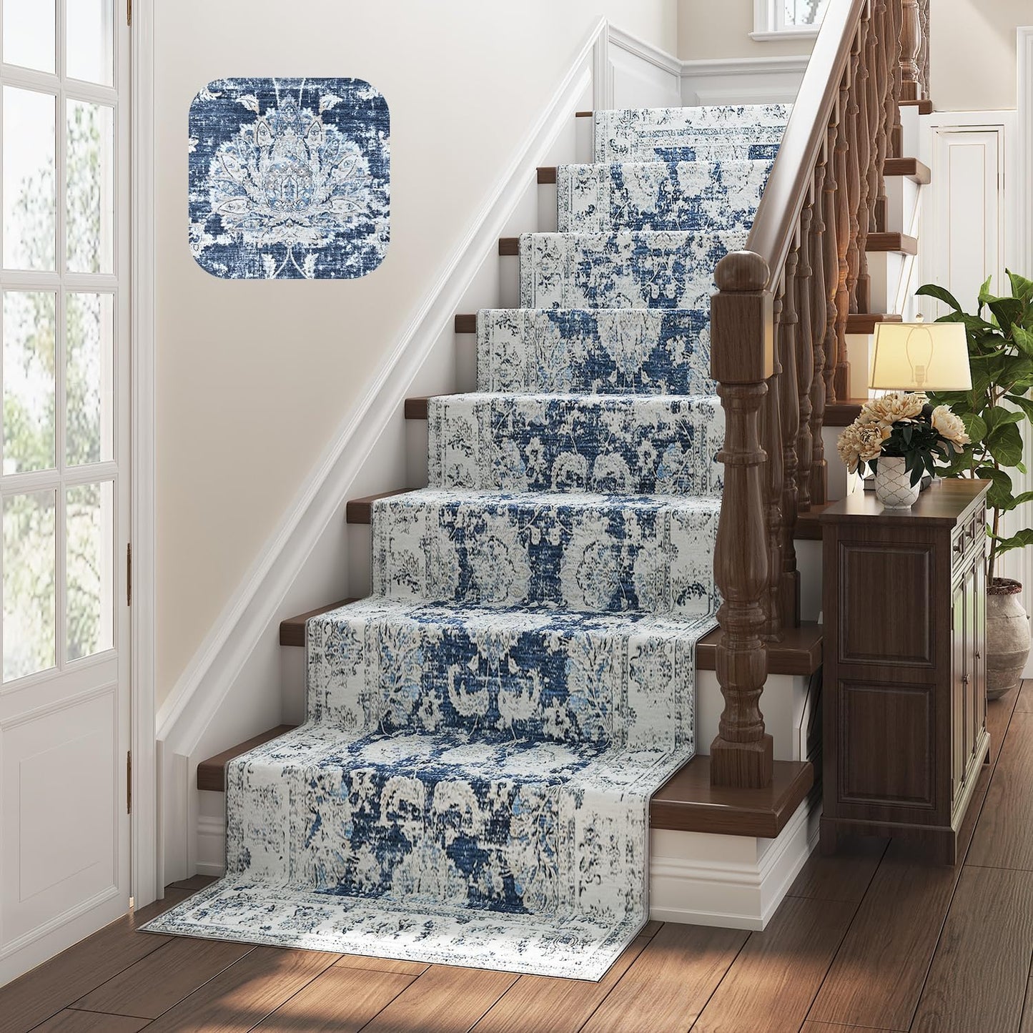 jinchan Hallway Runner Rug 3x10 Machine Washable Runner Rug Dark Blue Vintage Floral Design Non-Slip Low Pile Ultra-Thin for Kitchen Laundry Room Bedroom Farmhouse (3‘x10',Dark Blue)