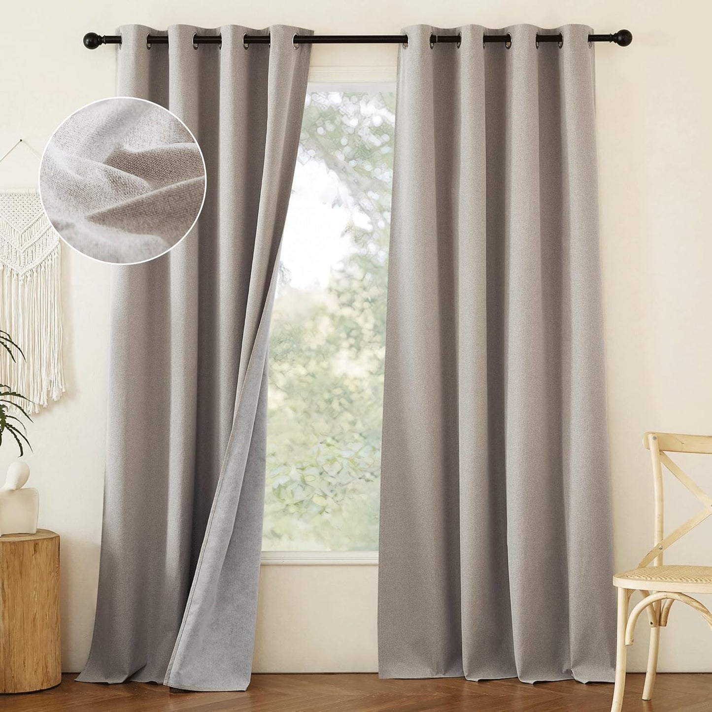 NICETOWN Natural Linen 100% Blackout Curtains 90 inches for Bedroom, Farmhouse Style Keep Warm Faux Linen Blackout Curtains with Thermal Insulated Liners for Dining Room, 2 Panels, 52" W, Drapes