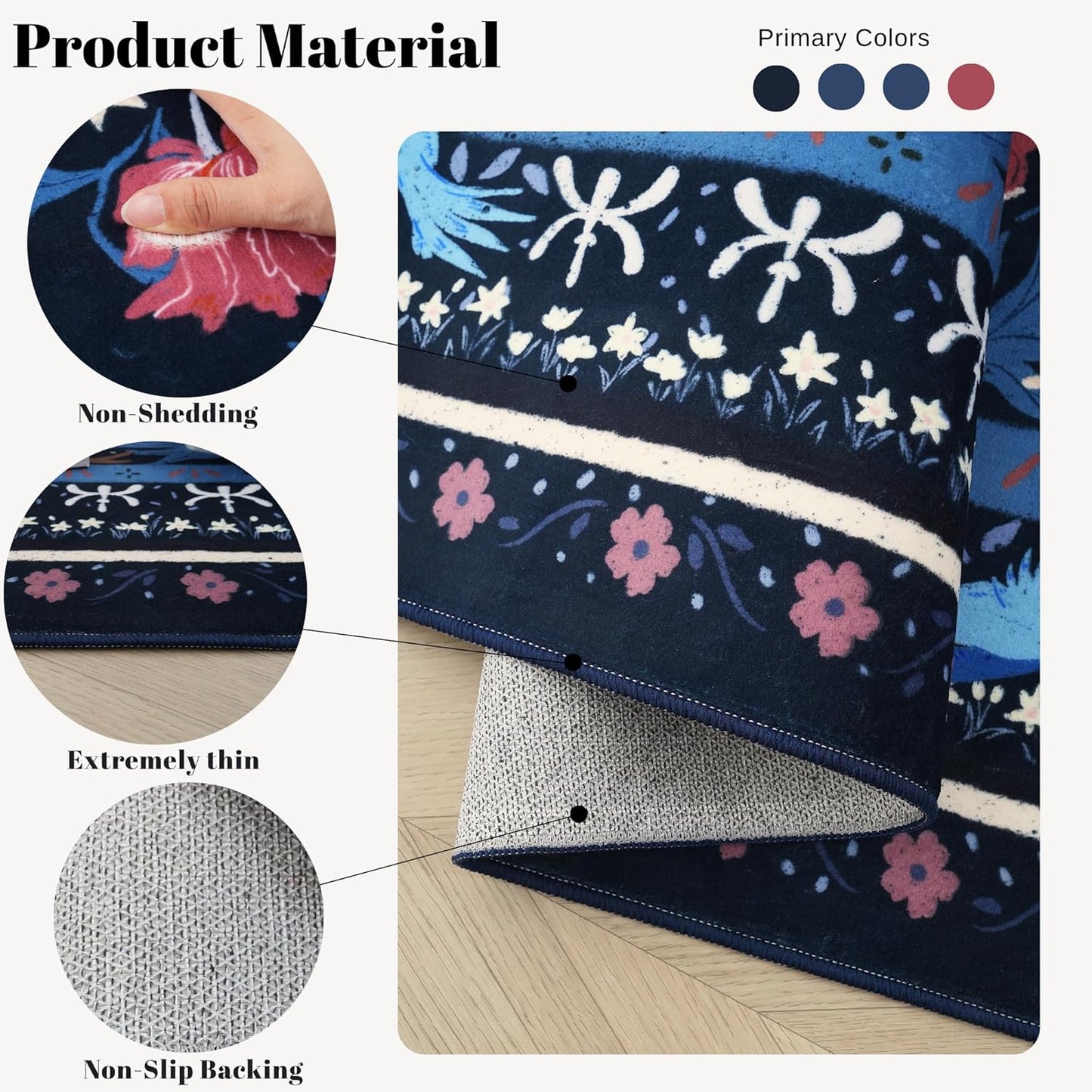 5x7 Washable Rug Vintage Floral Botanical Area Rug Non Slip Low Pile Large Rugs for Living Room, Bedroom, Farmhouse, Dining Room, Kids Playroom, Blue