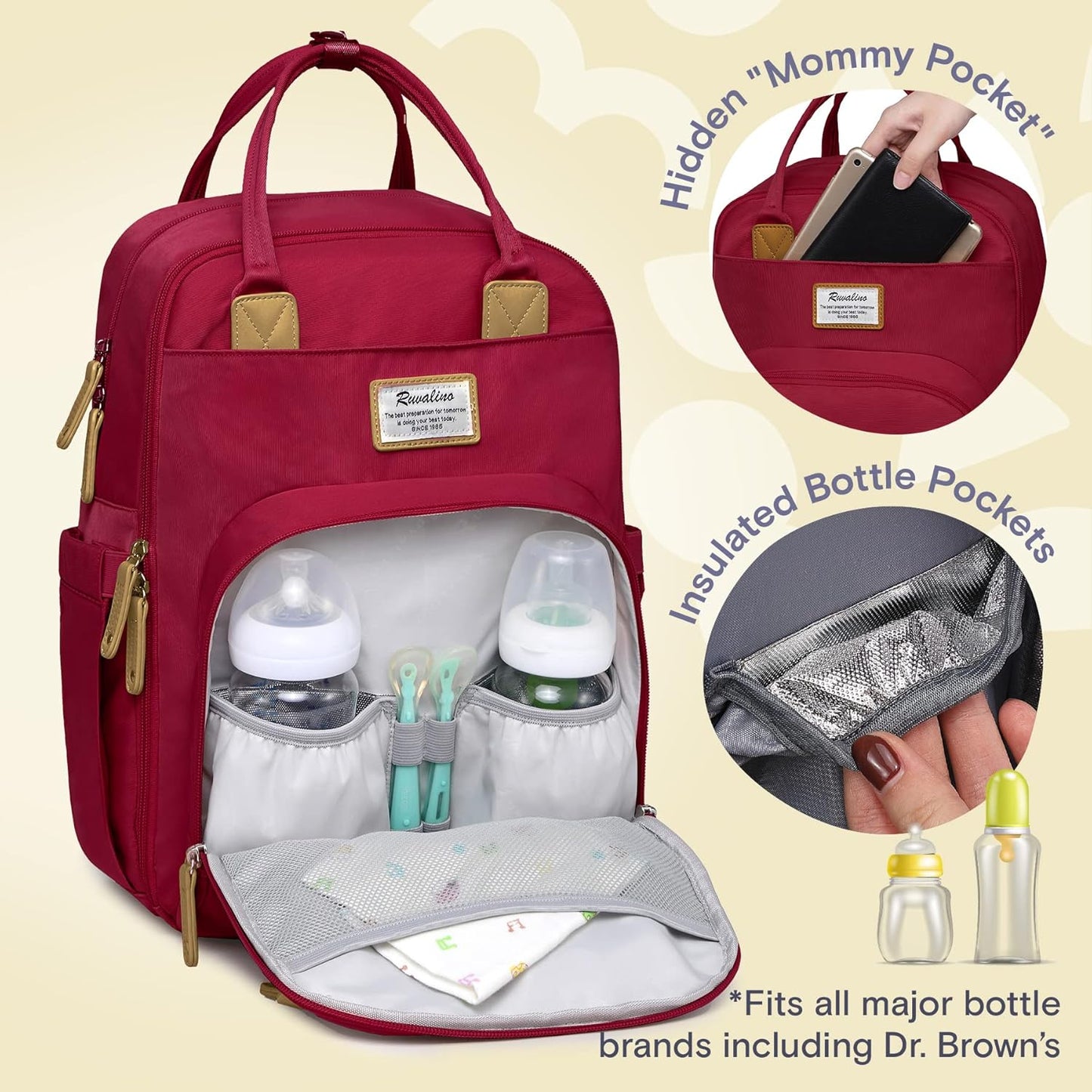 RUVALINO Diaper Bag Backpack, Multifunction Travel Pack Maternity Baby Changing Bags, Large Capacity, Waterproof, Purplish Red