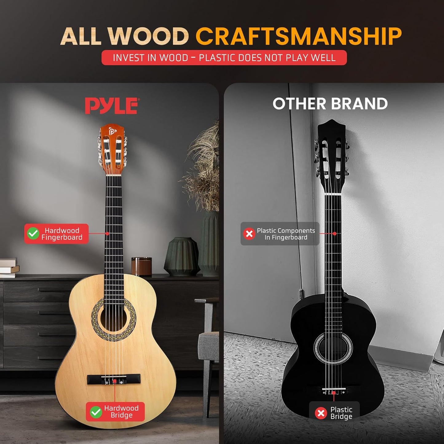 Pyle Beginner Acoustic Guitar Kit, 3/4 Junior Size All Wood Instrument for Kids, Adults, 36" Natural, Gloss