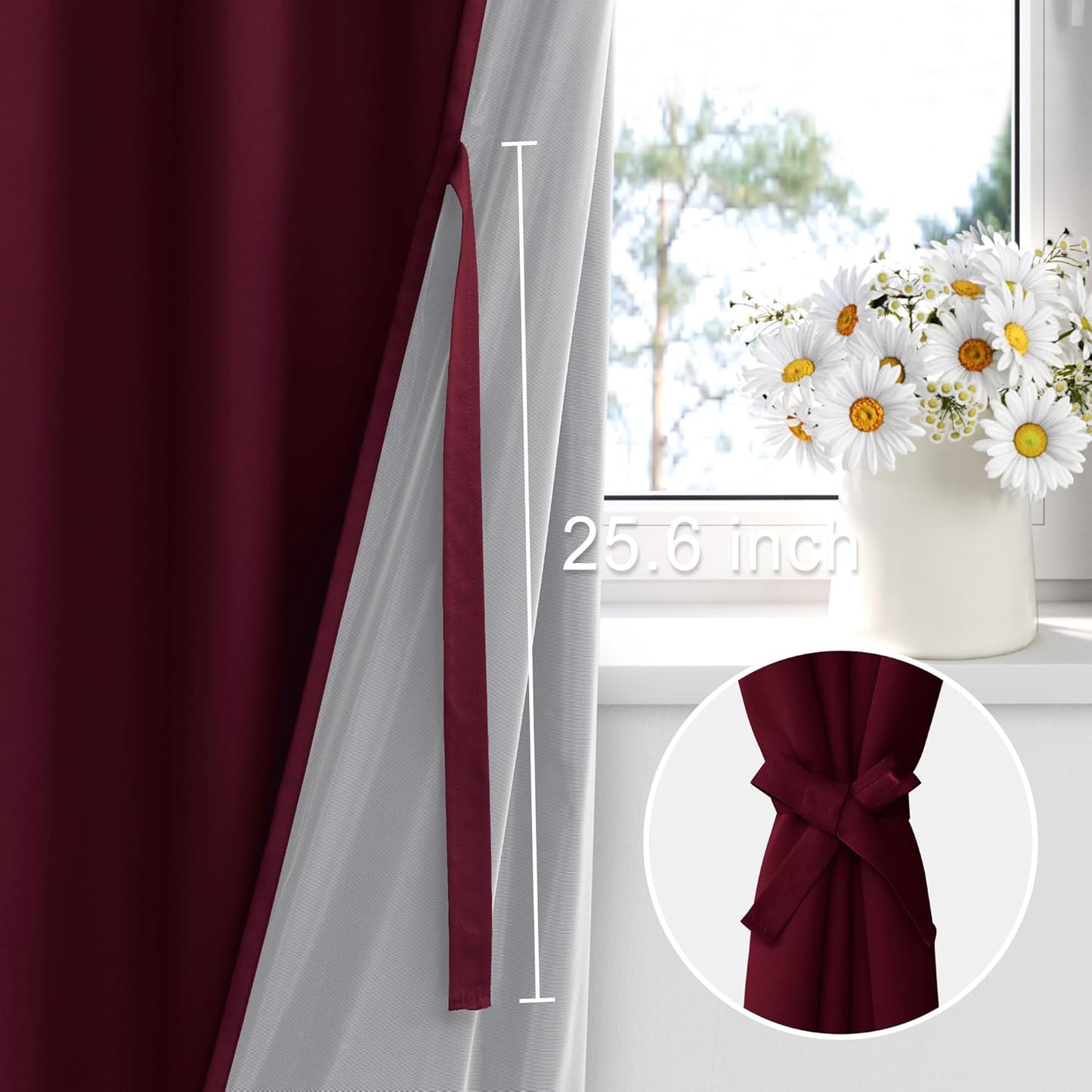 XWZO Full Shading Blackout Curtains 54 Inches Length - Heat and Light Blocking Rod Pocket Window Drapes with Black Liner Backing for Bedroom Sewn with Tiebacks, Burgundy, W42 x L54, Set of 2 Panels