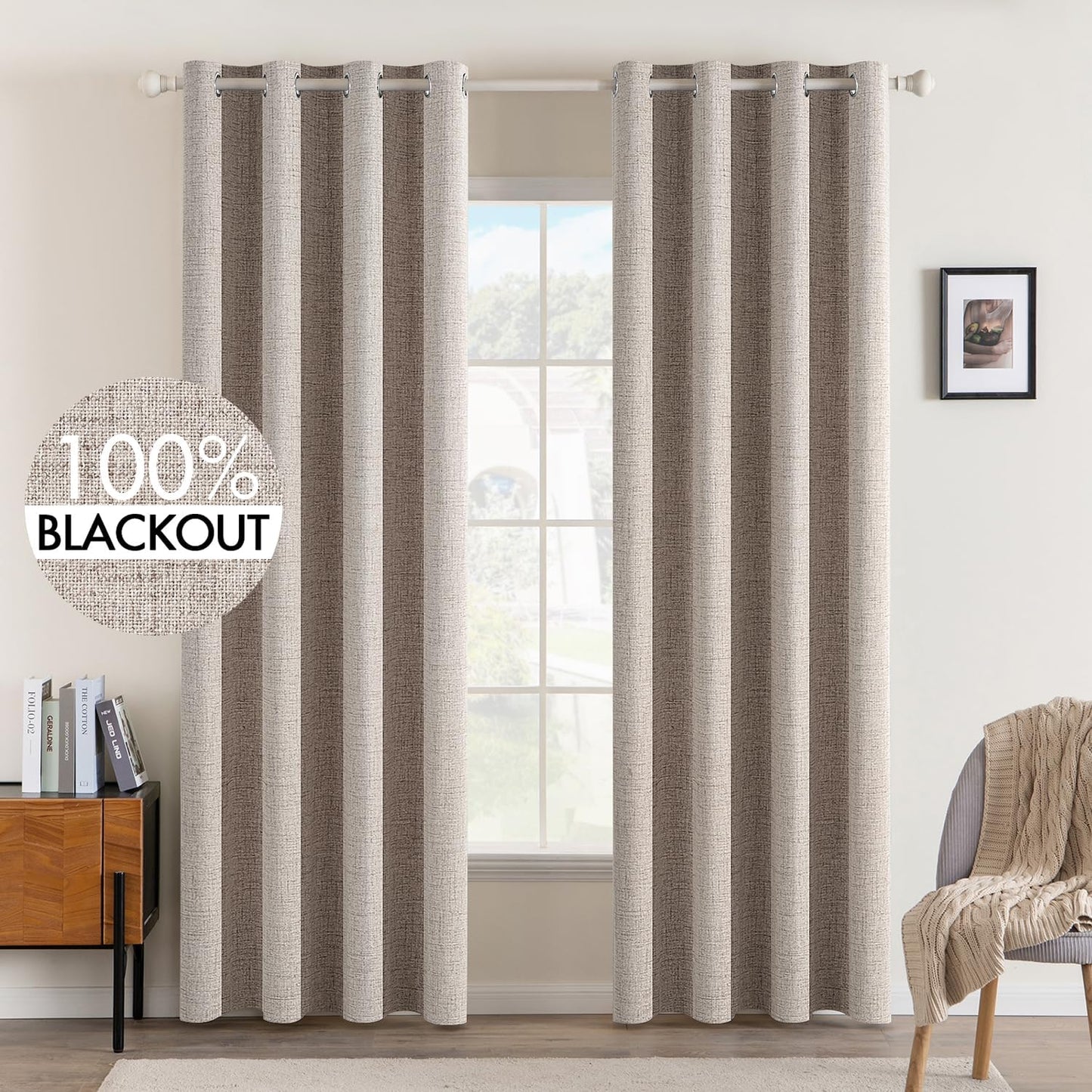 MIULEE Linen Texture Curtains for Bedroom Solid 100% Blackout Thermal Insulated Khaki Curtains Grommet Room Darkening Drapes for Living Room Nursery 52x108 Inch (2 Panels)