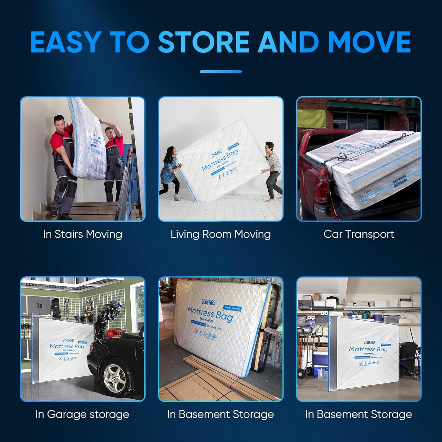 ZCHENBS® – Mattress Bags for Moving and Storage,Mattress Bag with Zippers,5 Mil Ultra-Thick Bed Bag,Waterproof,Anti-Tear,Heavy-Duty Mattress bag (Transaparent/Blue, Full/Full XL-(1 Pack))