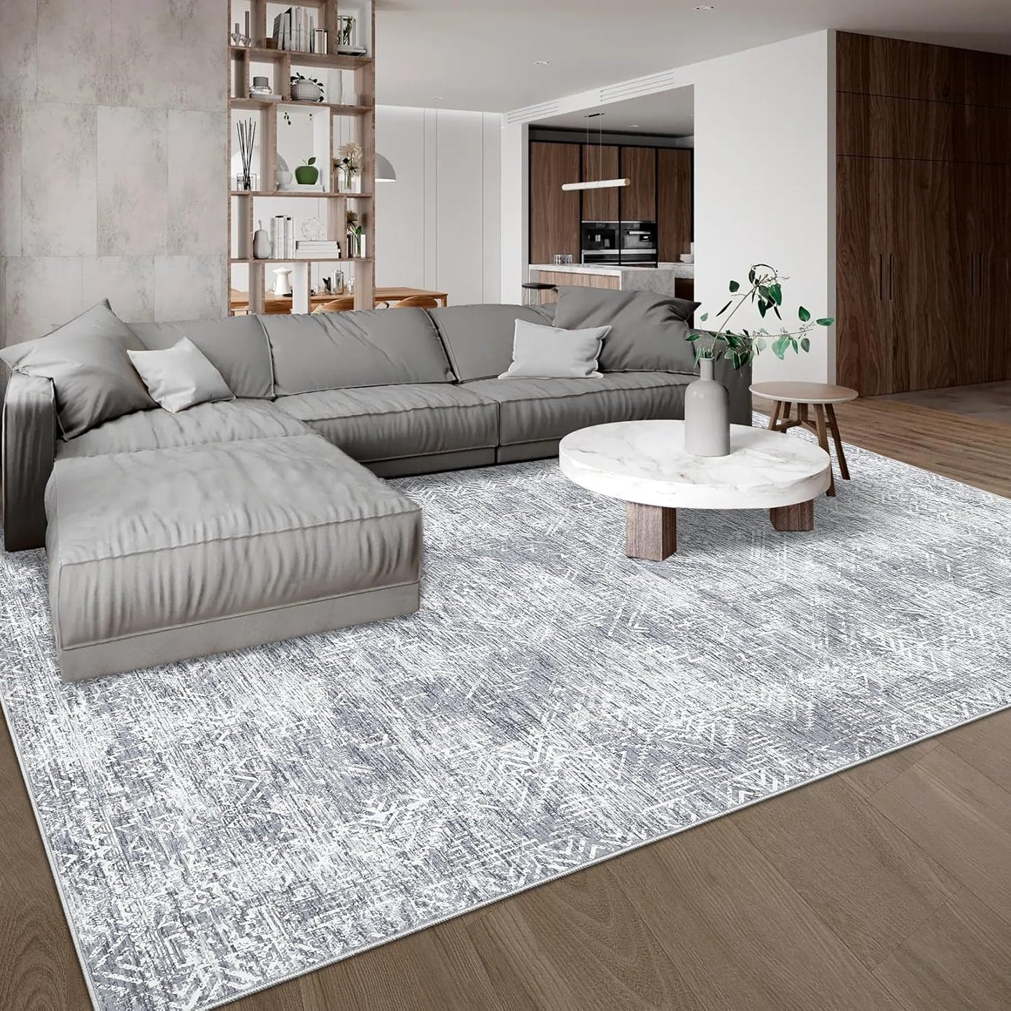COZYLOOM 6x9 Rug Living Room Washable Modern Distressed Accent Carpet with Non-Slip Backing, Ultra-Soft Contemporary Geometric Floor Mat for Kitchen, Bedroom, Grey