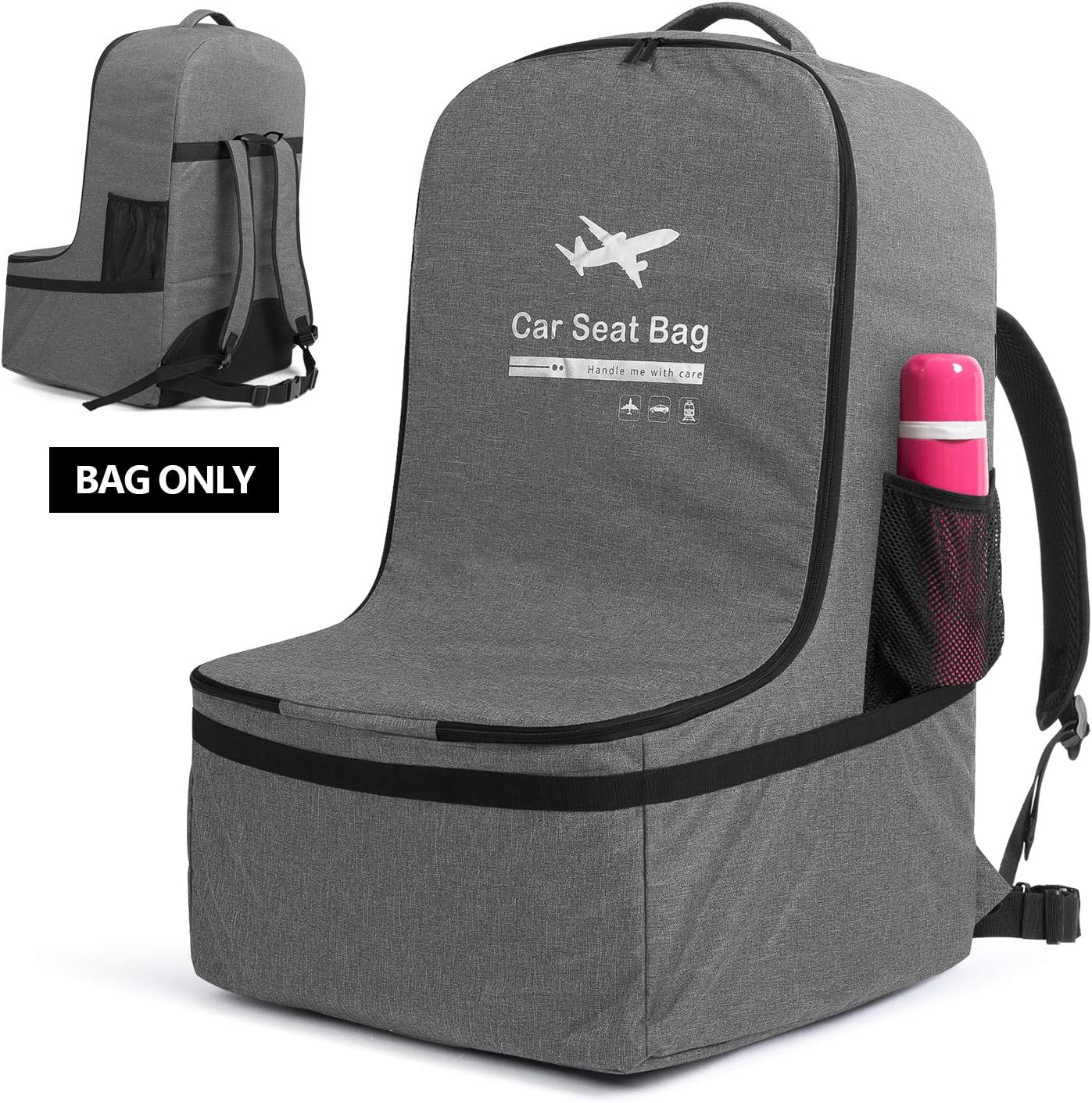 LUXJA Car Seat Travel Bag, Airplane Bag with Padded Backpack Straps and Adjustable Waist Straps for Travel (Fits Most Major Car Seat), Gray