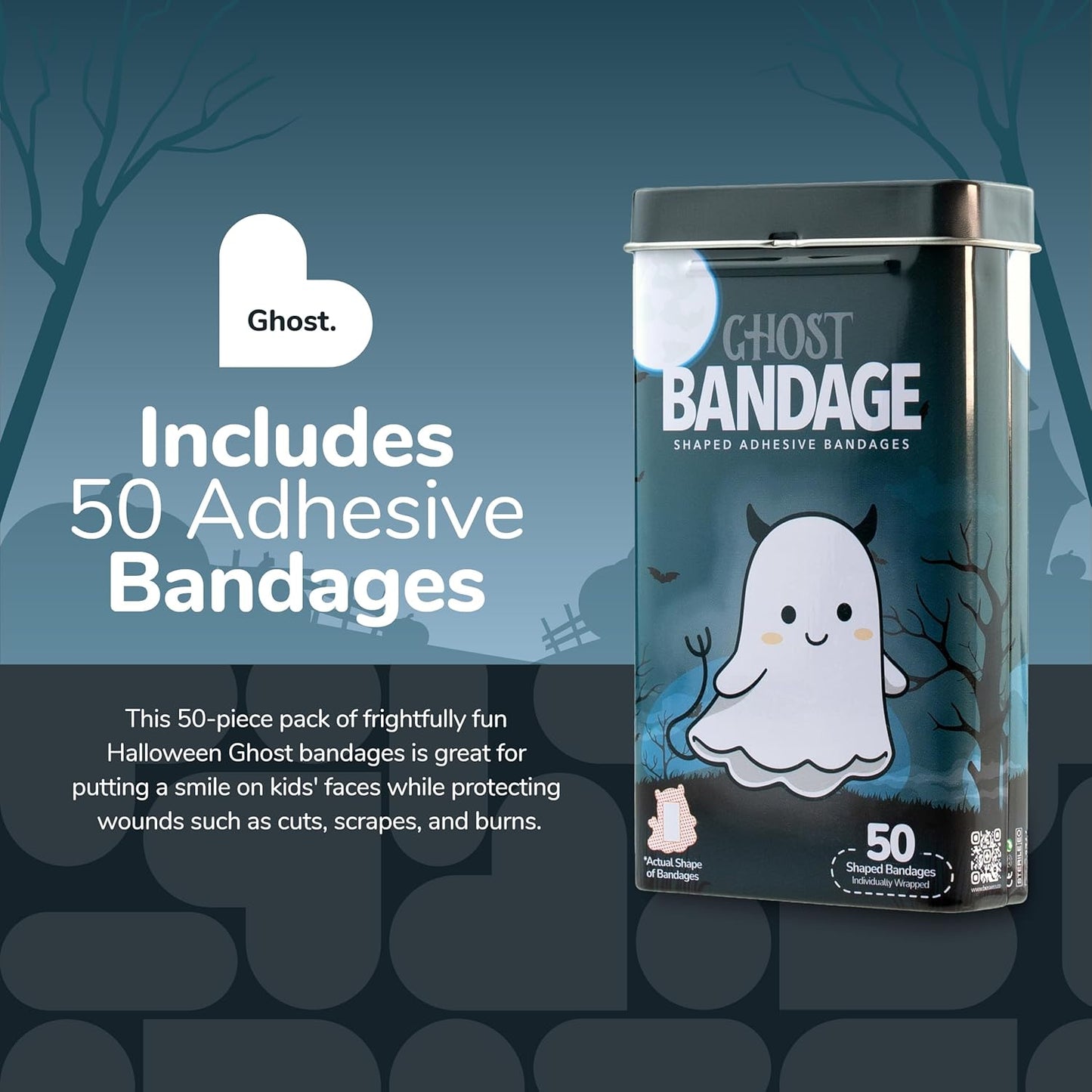 BioSwiss Bandages, Halloween Ghost Shaped Self Adhesive Bandage, Latex Free Sterile Wound Care, Fun First Aid Kit Supplies for Kids, 50 Count
