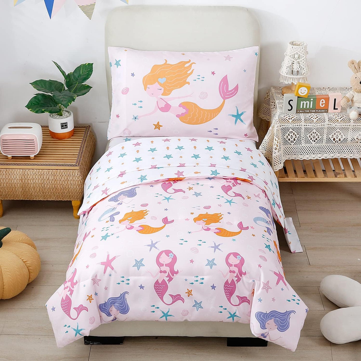 PERFEMET Toddler Bedding Sets Girls 4 Pieces Pink Mermaid Toddler Bed in A Bag Soft Reversible Blush Toddler Bed Set Include Comforter, Flat Sheet, Fitted Sheet, Pillowcase