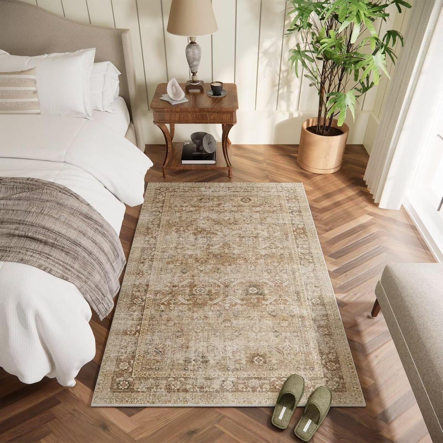Washable 4x6 Rugs for Living Room, Boho Non-Slip Silicone Backing Small Rugs for Bedroom Nursery Office, 0.3" Neutral Oriental Throw Carpet with 0.16" Cushioning Pad, Brown/Multi
