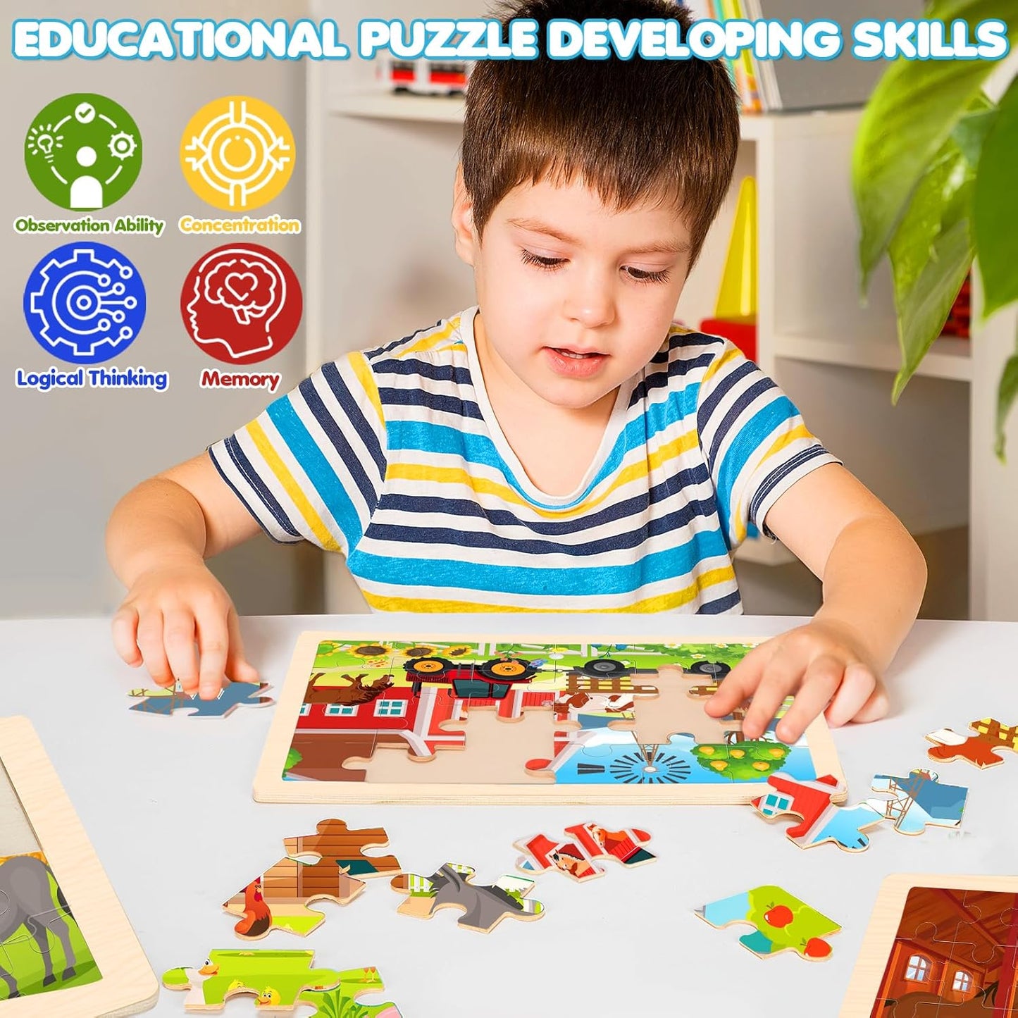 Wooden Farm Puzzles for Kids Age 3 4 5 Year Old, 4 Pack 24 Pcs Montessori Toddler Jigsaw Puzzles for Girl boy Activities Preschool Learning Educational Birthday Gift