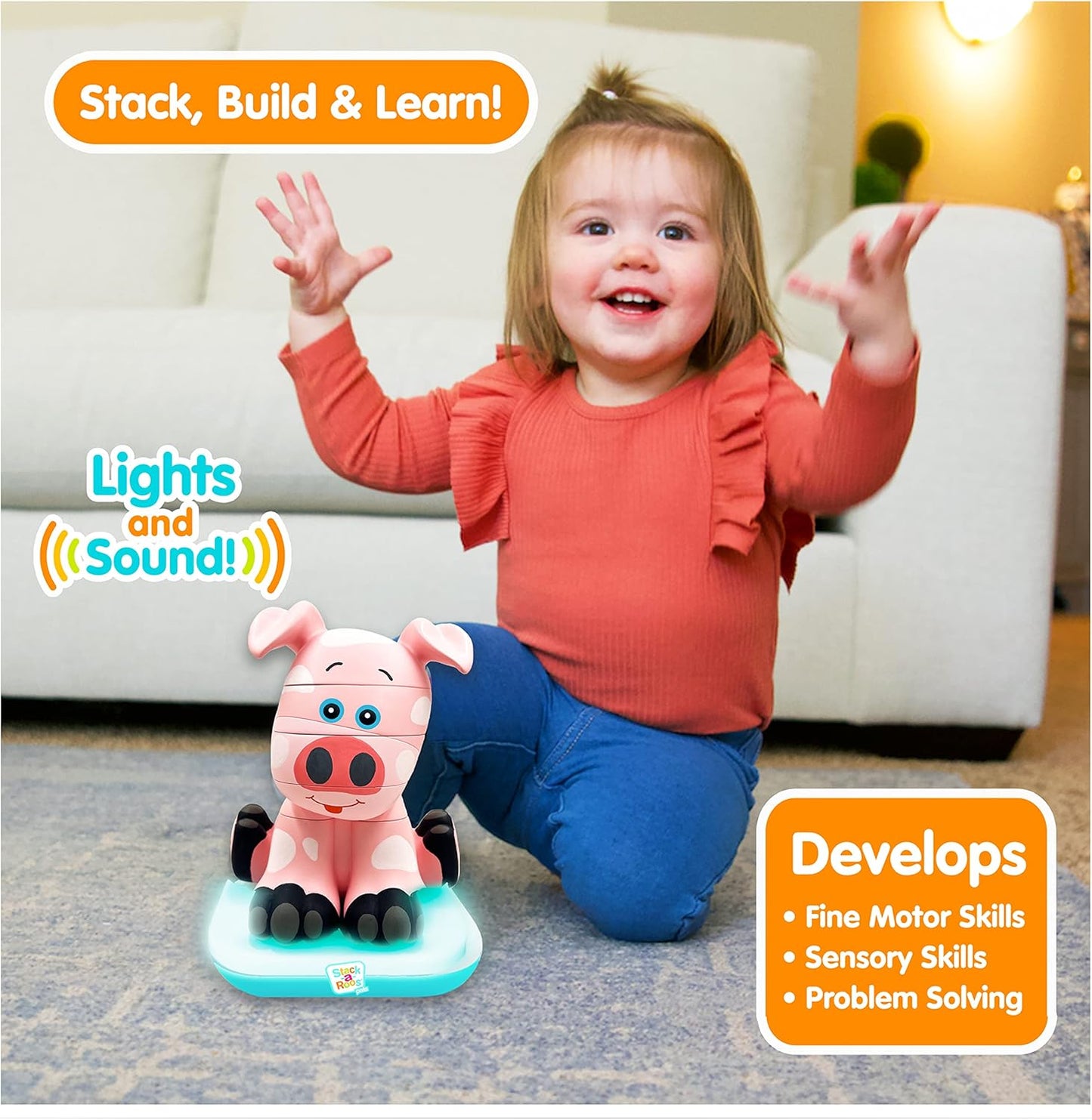 Stack-a-Roos Baby Pig by Salus Brands - Animal Stacking Toy, Educational Early Learning Toy for Infants Babies Toddlers, Age 12+ Months - Great Baby Gifts. STEM Toy