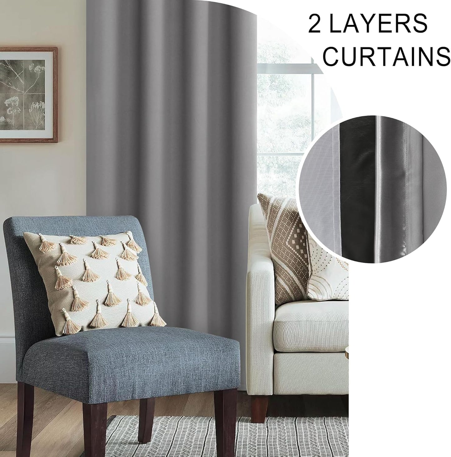 XWZO Total Blackout Curtains 63 Inches Long - Double Layer Full Room Darkening & Energy Efficiency Rod Pocket Window Panels with Tiebacks for Living Room/Bedroom, Grey, W52 x L63, Set of 2