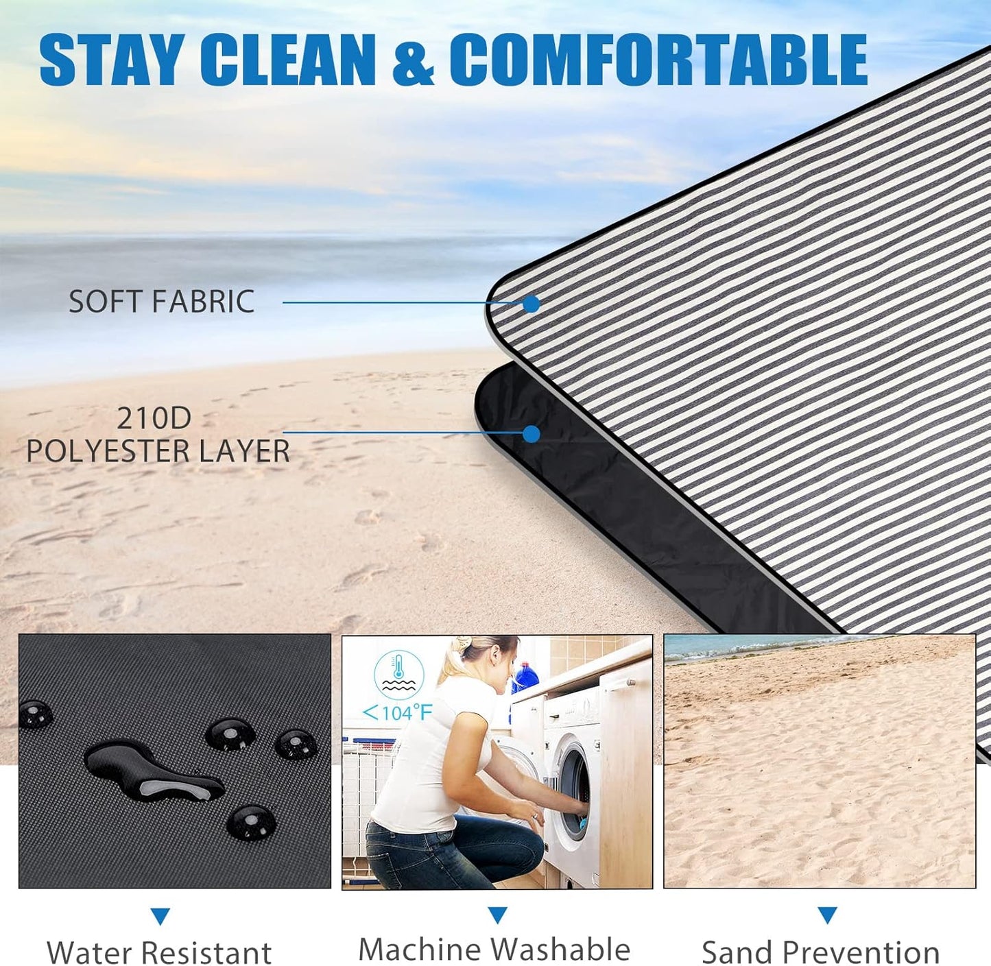 G GOOD GAIN Waterproof Picnic Blanket Portable with Carry Strap for Beach Mat or Family Outdoor Camping Party (Navy Blue)
