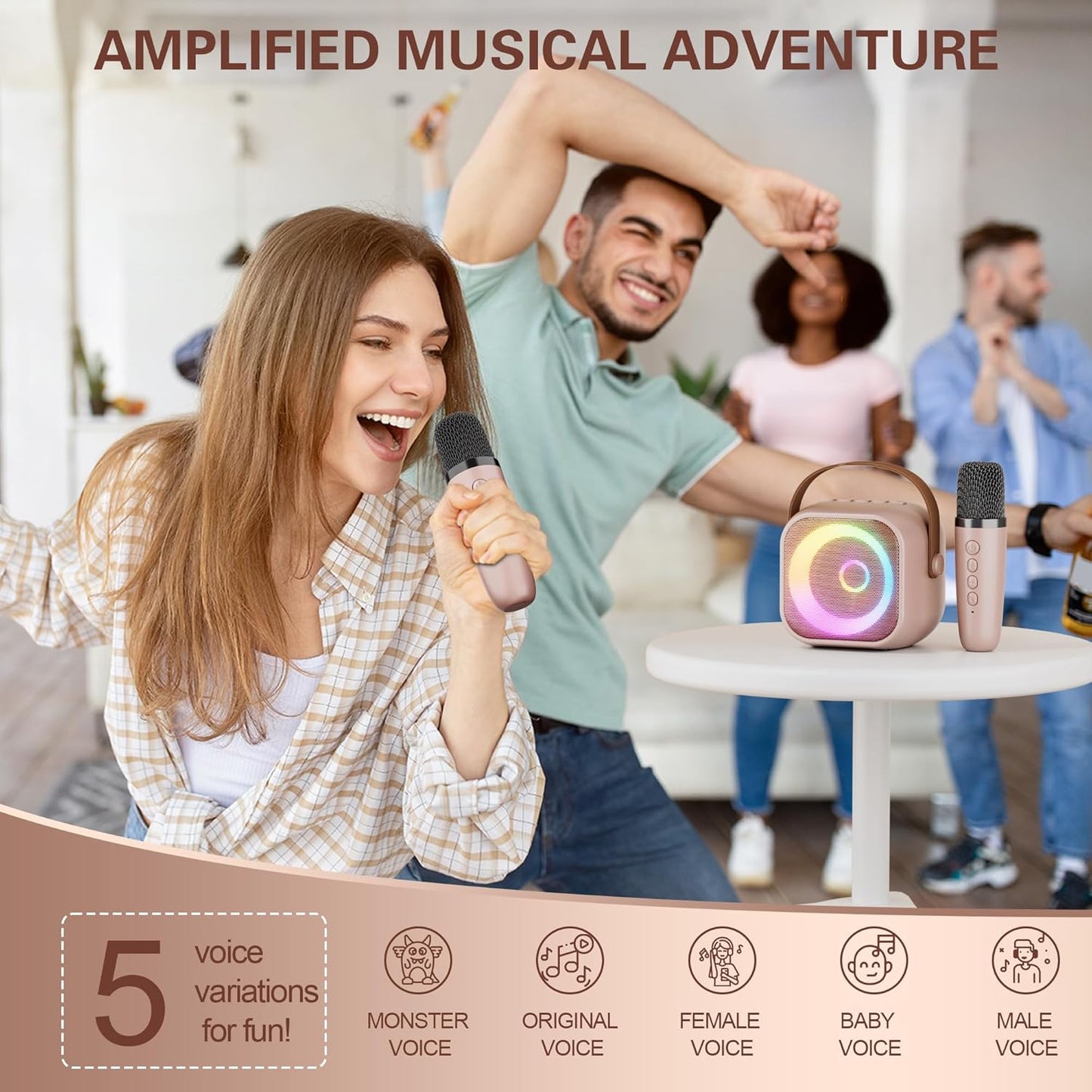 Mini Karaoke Machine, Portable Bluetooth Karaoke Speaker with 2 Wireless Microphones and Party Lights for Kids and Adults, Birthday Gifts for Girls Boys Family Home Party (Rose Gold)